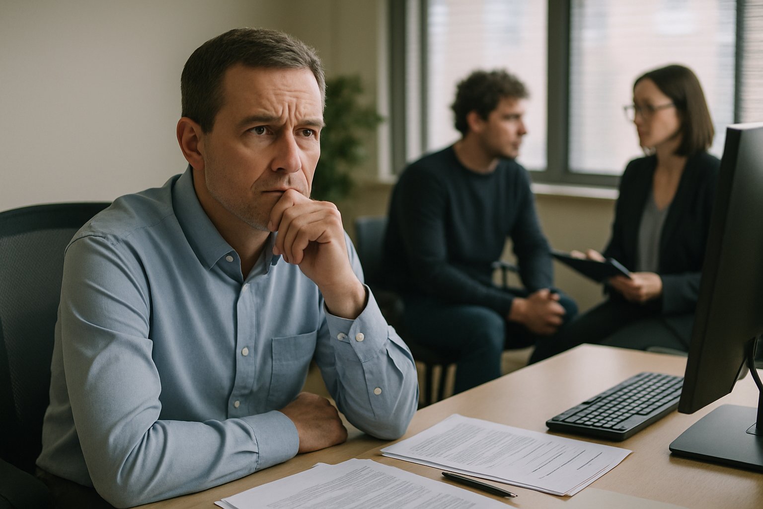 Middle manager experiencing concern due to looming AI job displacement.