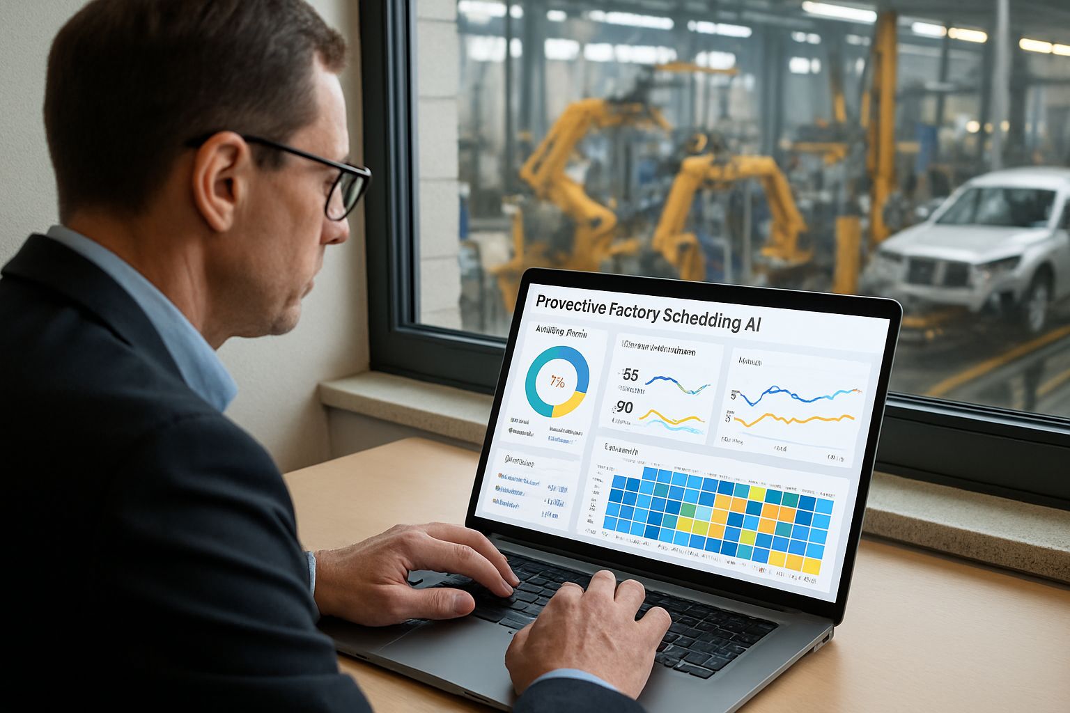 Factory manager reviews Predictive Factory Scheduling AI dashboard for automotive downtime.