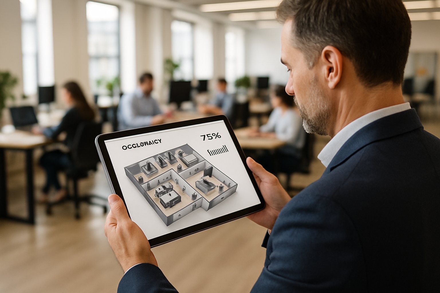 Professional using spatial interior intelligence platforms on tablet in office