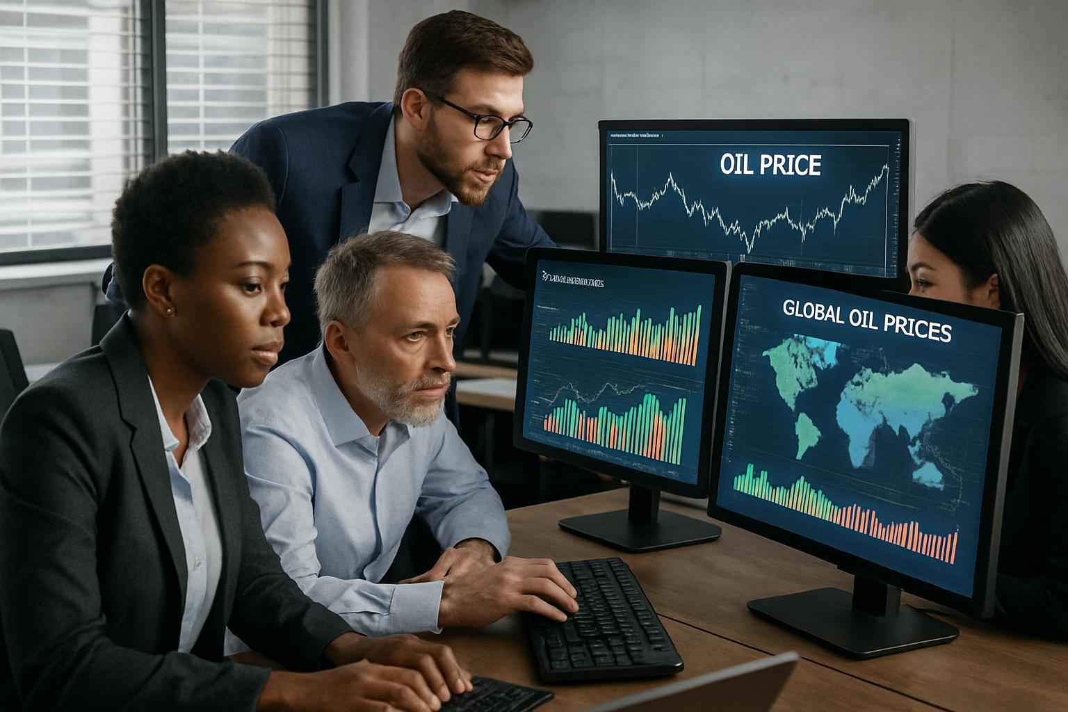 Energy analysts studying global energy markets trends on computer screens in a modern office.