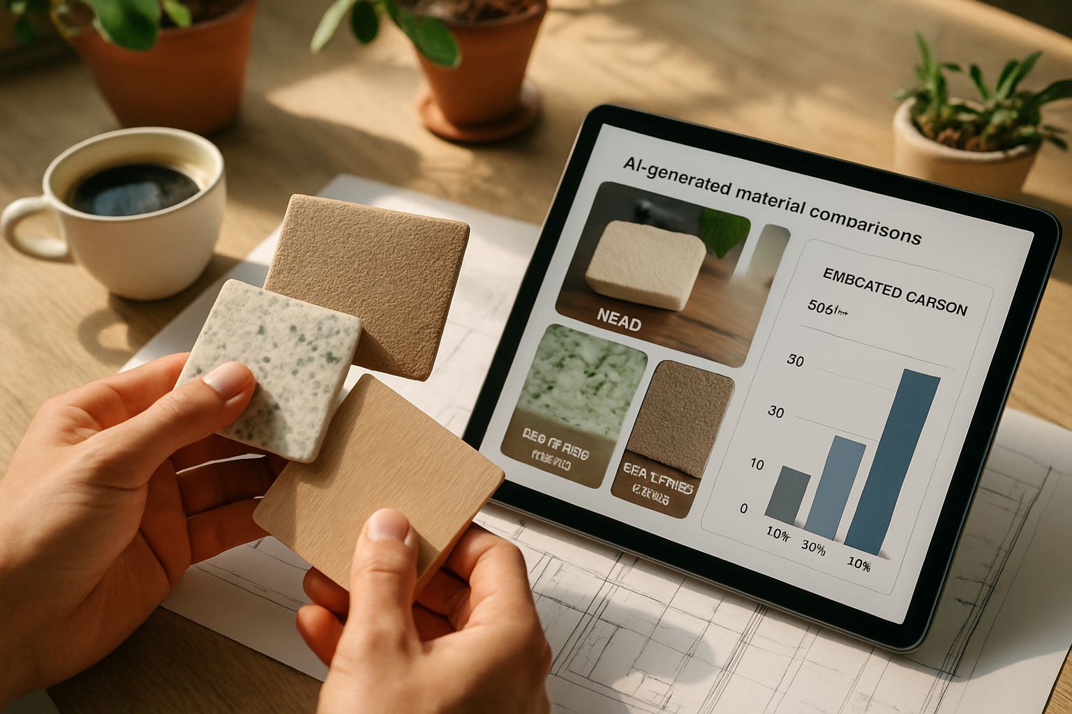 Hands with material samples and AI material selection advisors data on tablet.