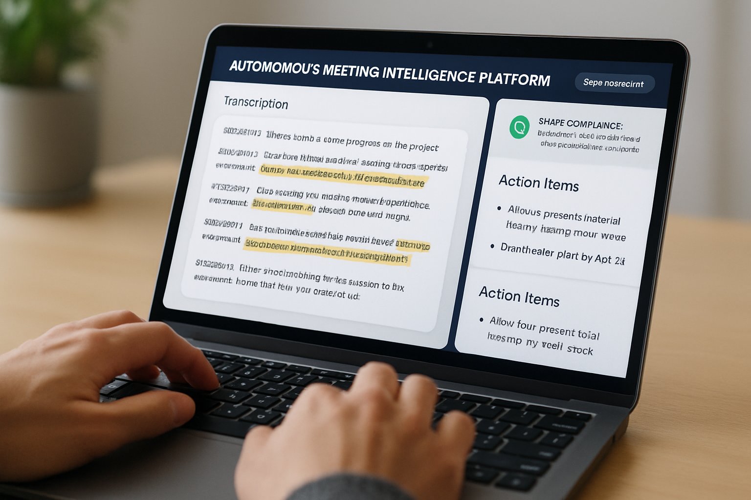 Laptop running Autonomous Meeting Intelligence Platforms with real-time action item interface.
