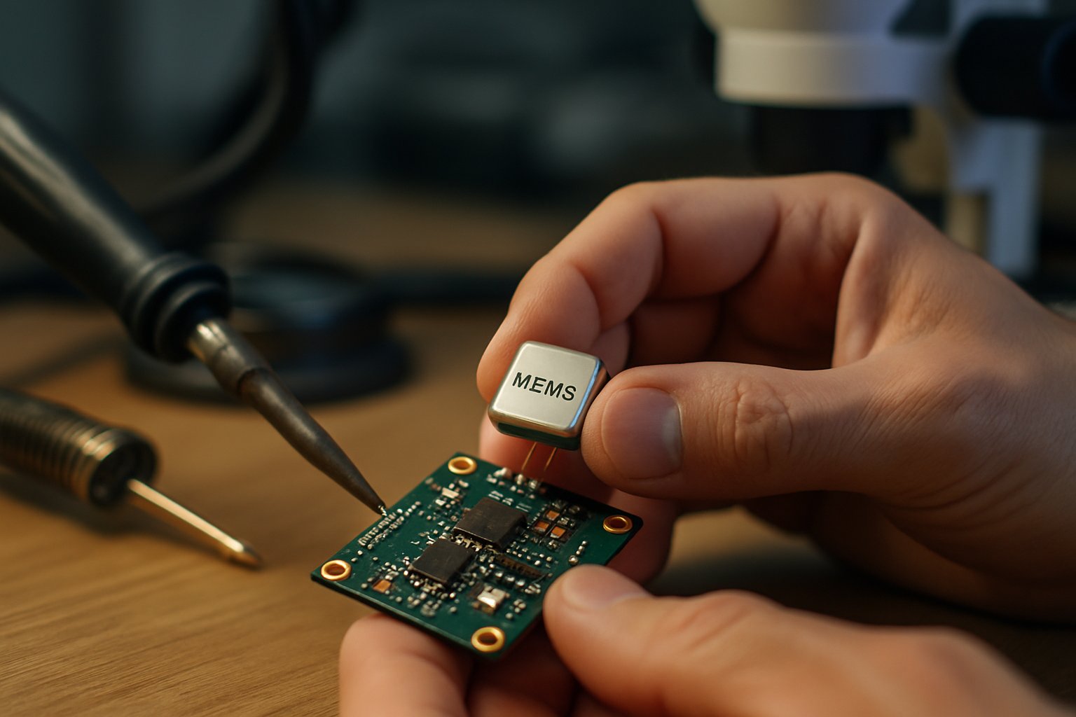 Technician installing Sensor Fusion Tech MEMS microphone on circuit board.