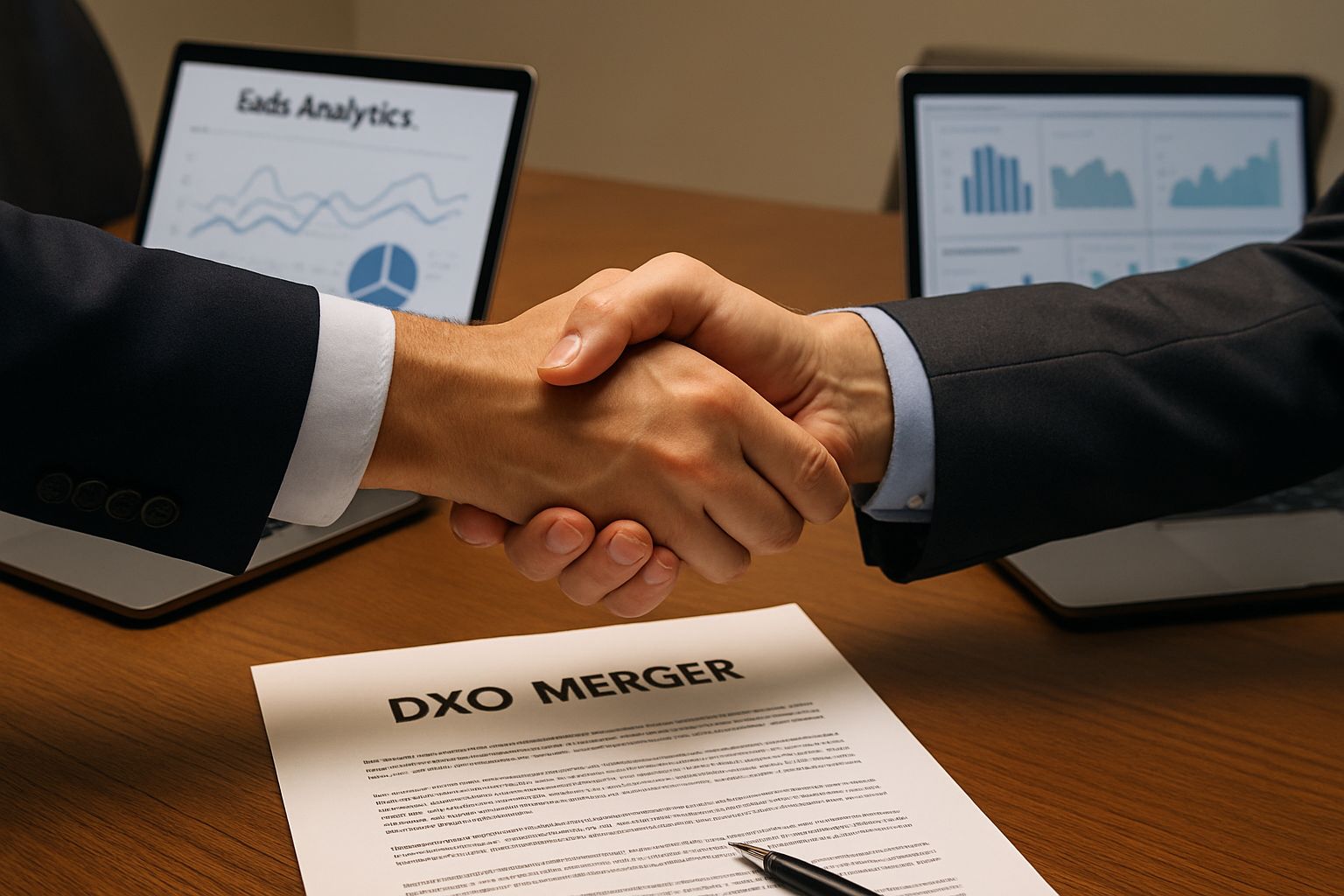 Business professionals finalizing DXO merger for Business Growth.