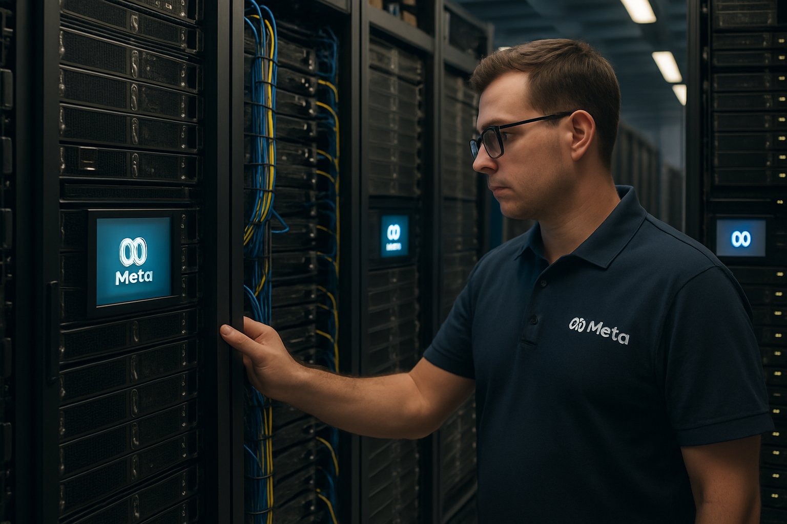 Meta data center technician inspecting infrastructure for advanced AI expansion.