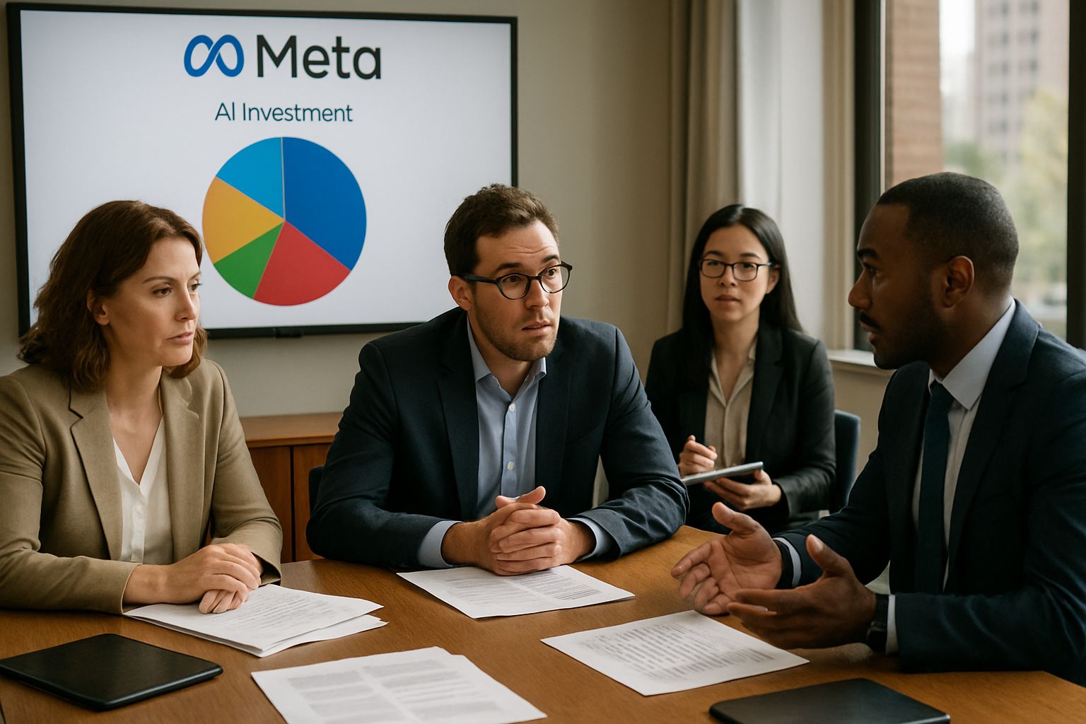 Meta executives discuss AI spending strategies with charts and reports in boardroom.