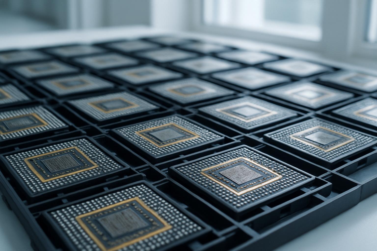 Advanced Packaging microchips displayed in a high-tech laboratory environment.