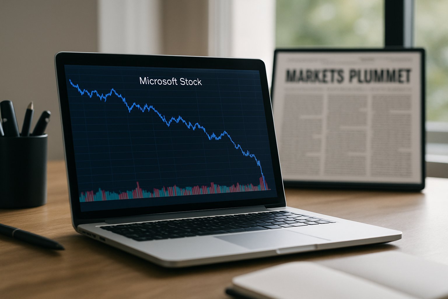 Laptop showing Microsoft Stock price crash graph in a modern office.
