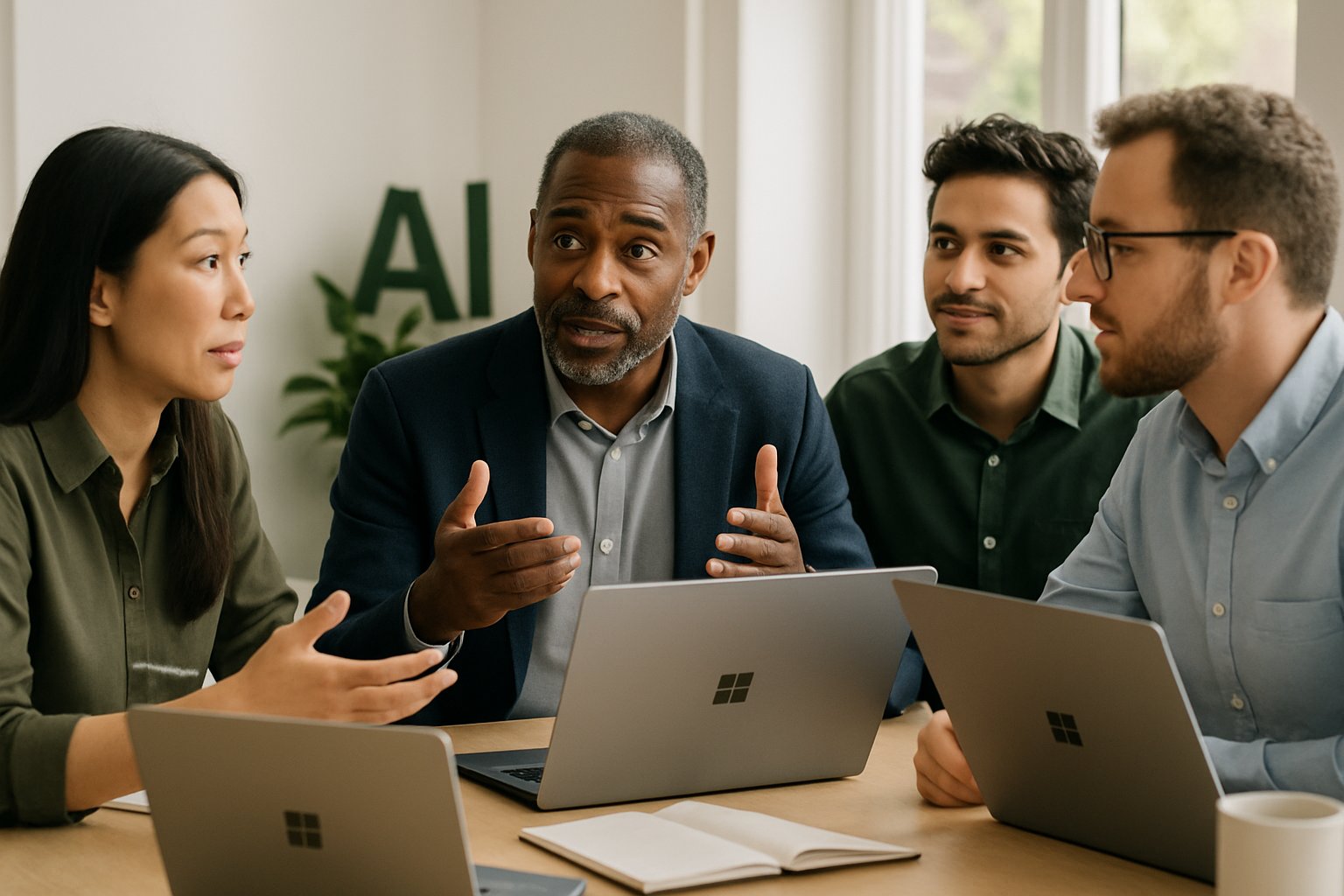 Microsoft team discussing AI technology in corporate workspace.