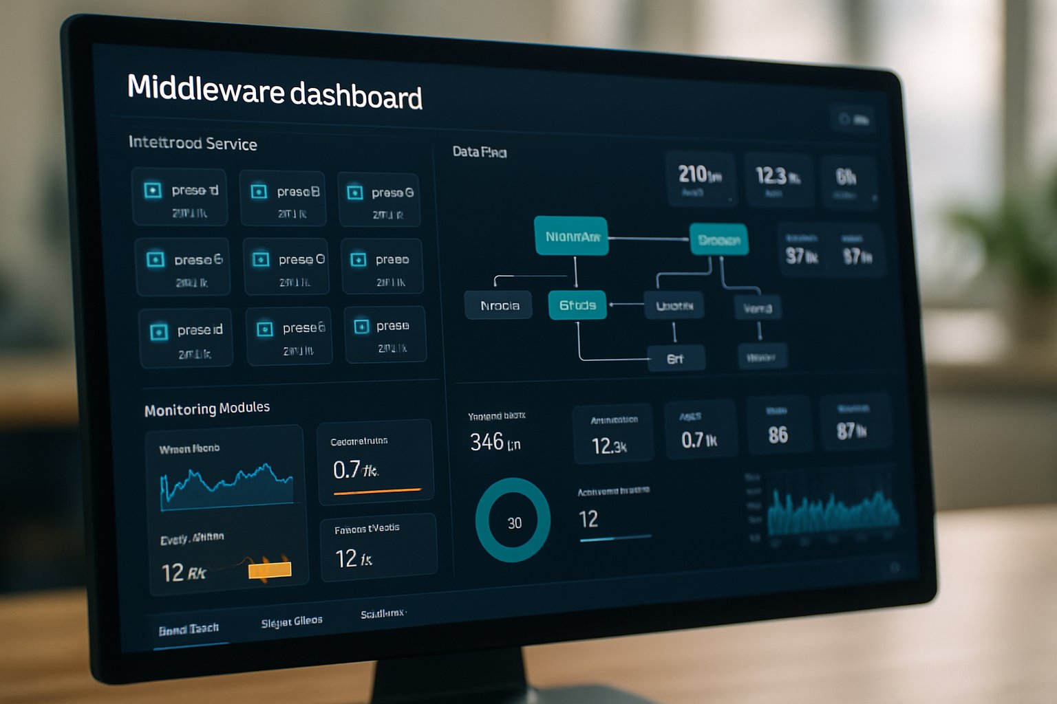 Detailed middleware dashboard illustrating Integration Middleware Solutions with service integration and monitoring metrics.