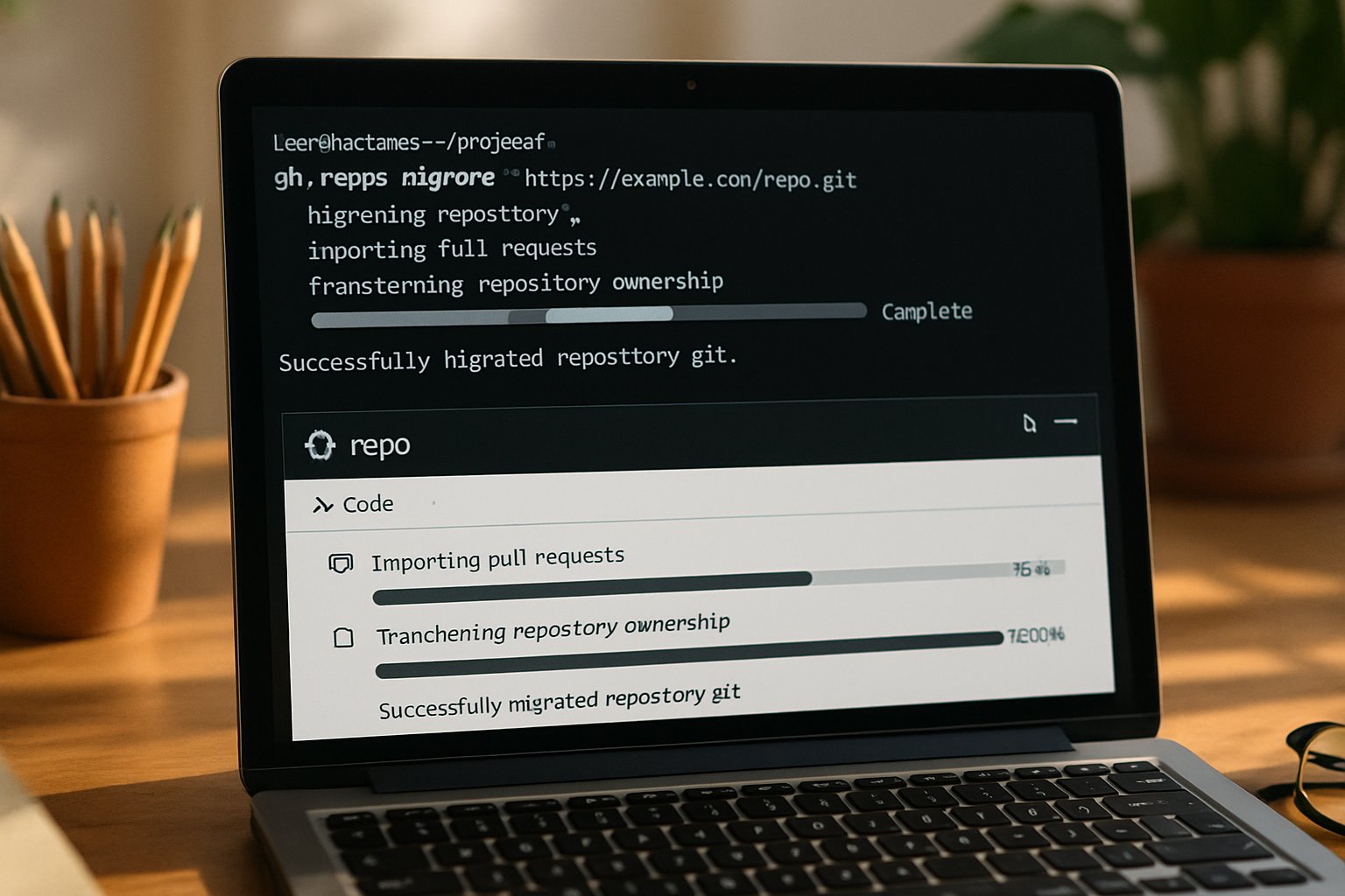 GitHub Engineering Migration shown on a realistic programmer’s monitor during migration.