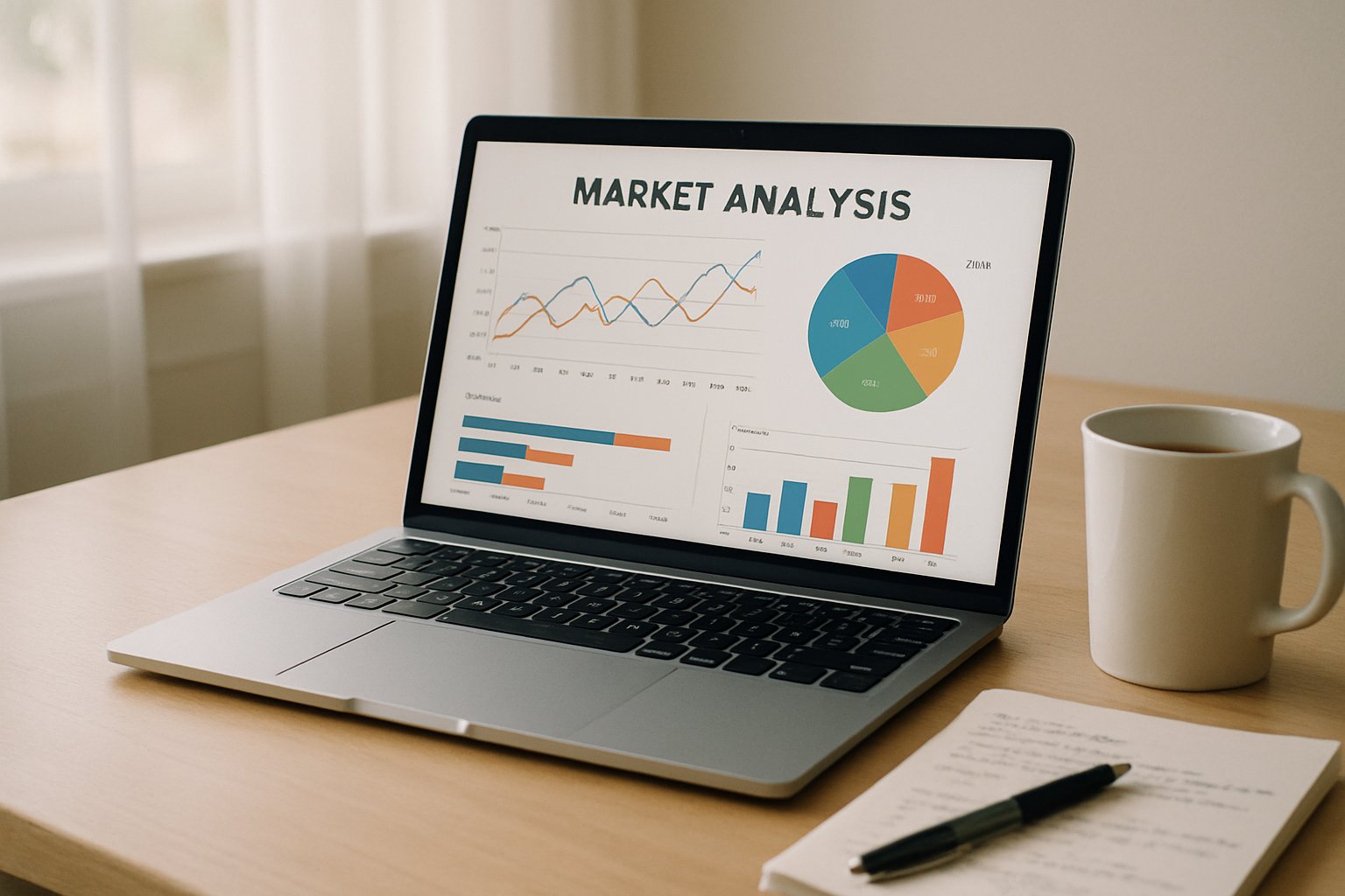 Laptop showing Market Analysis dashboard with graphs and notes on a desk.