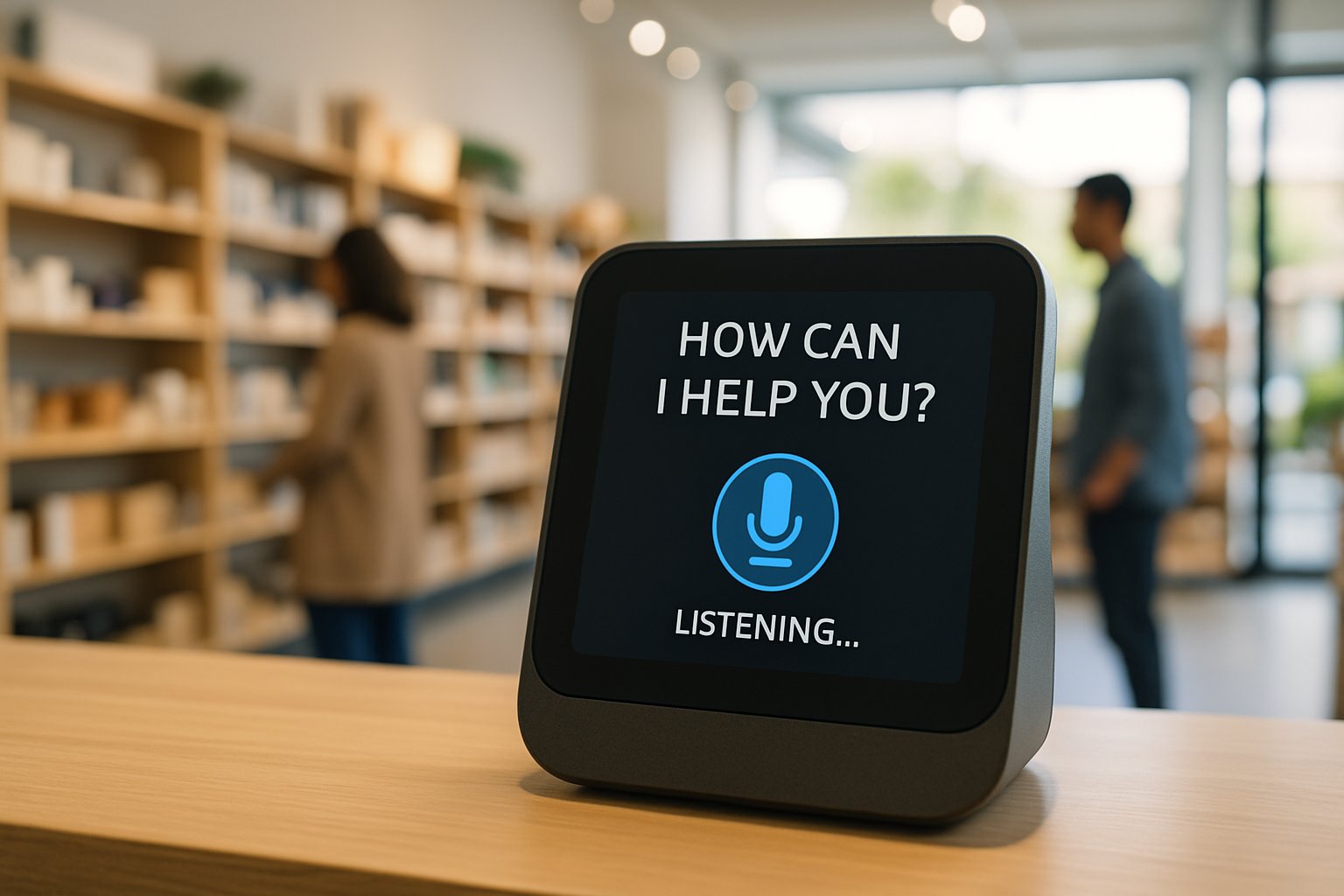 Voice commerce intelligence systems device at retail counter with digital prompts.