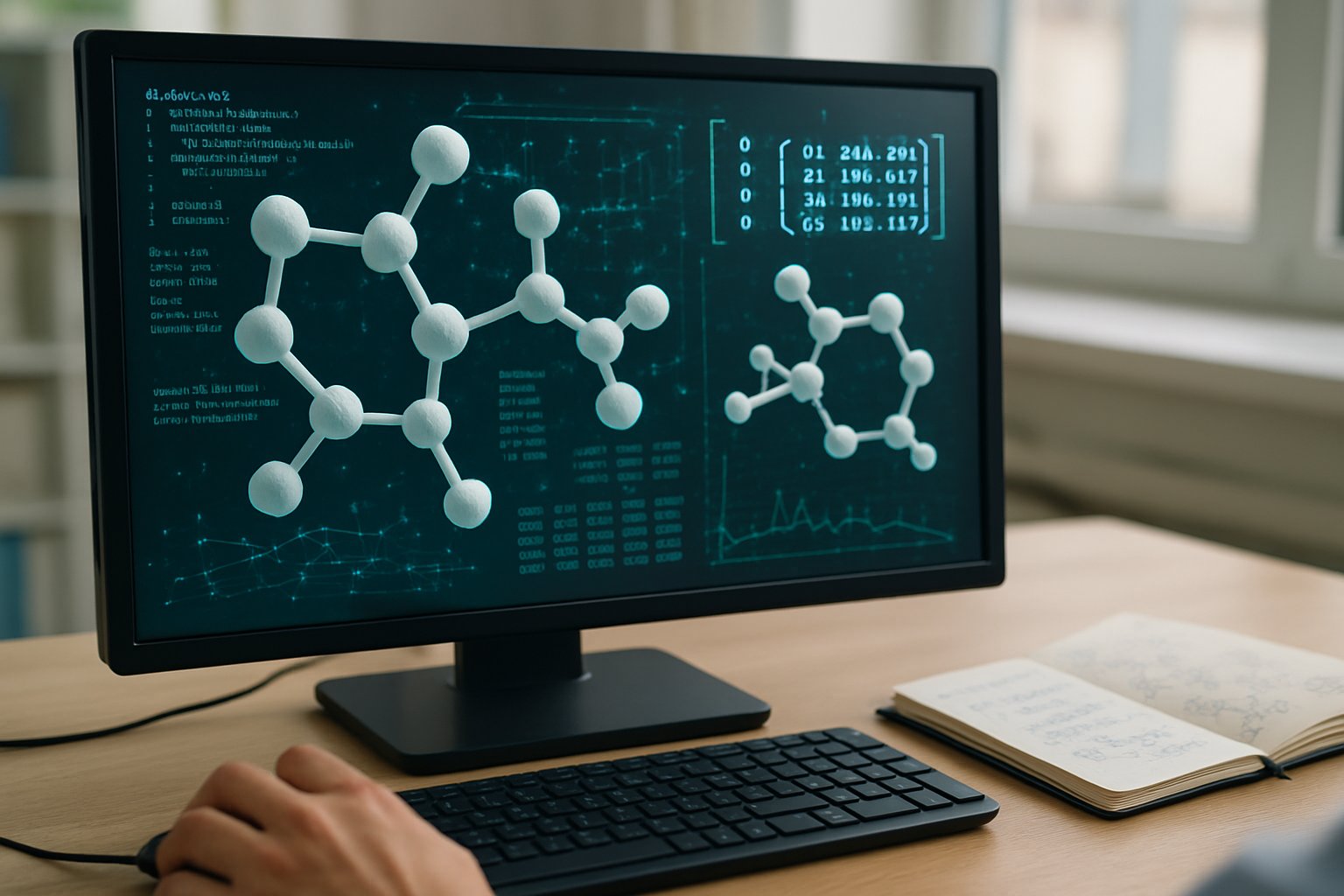 Modern computer screen displaying AI Molecular Design molecular structures and data.