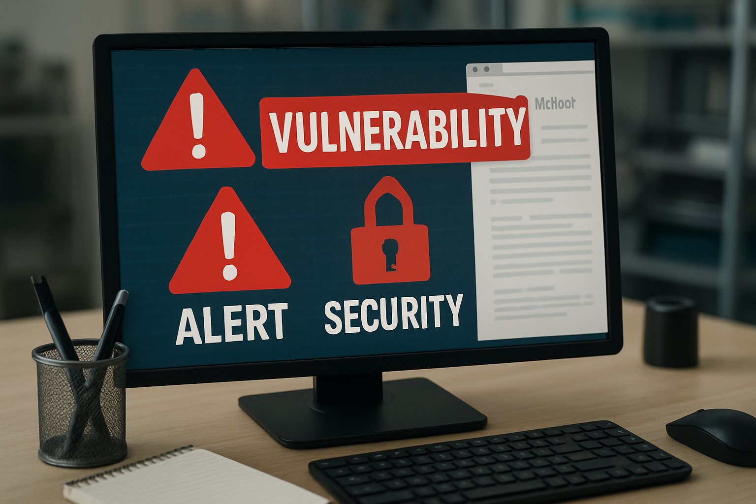 Moltbot logo on a computer screen showing software security alerts and vulnerabilities.