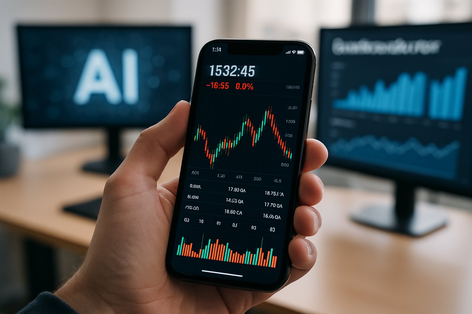 Realistic scene illustrating Specialized AI Investment with financial data and AI analytics.