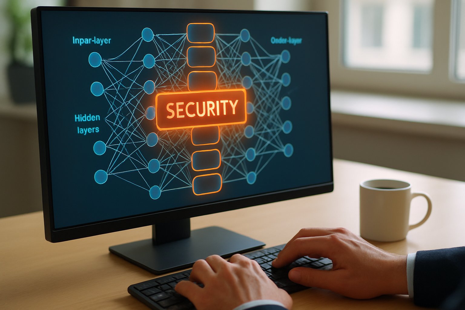 Monitor shows secure Neural Network Security Protocols with a professional working at a desk.