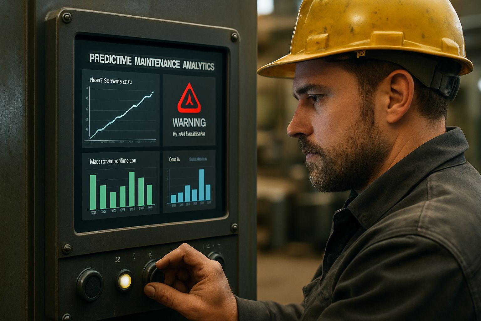 Technician monitoring factory process autonomy platforms via predictive maintenance interface.