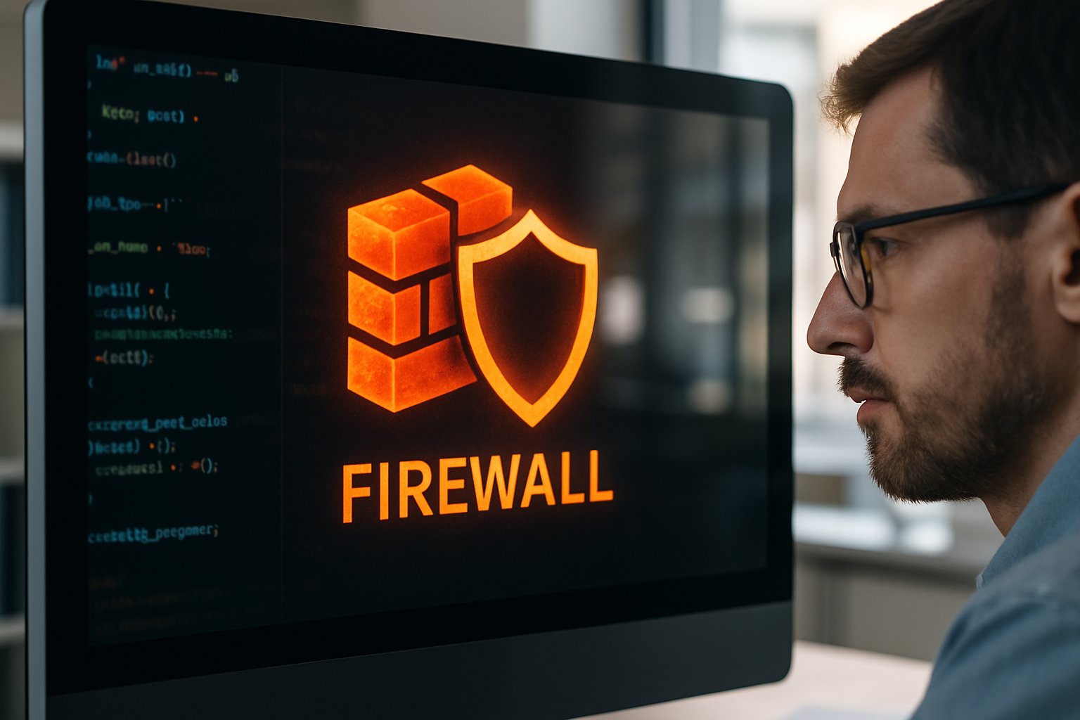 Advanced Prompt Security firewall interface on a computer monitored by an IT specialist.