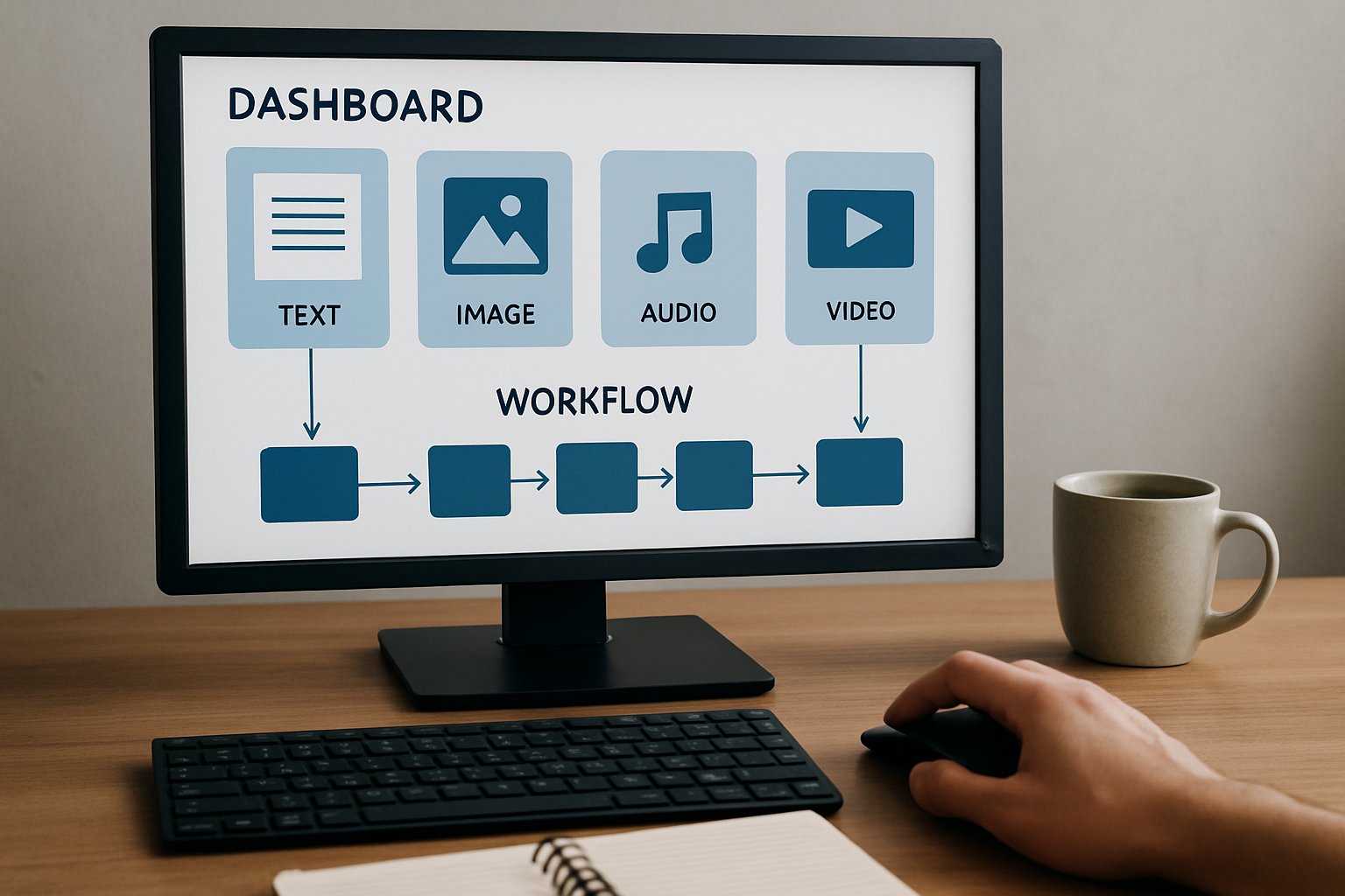 Dashboard shows Multimodal Content Generation Pipelines processing multimedia files.