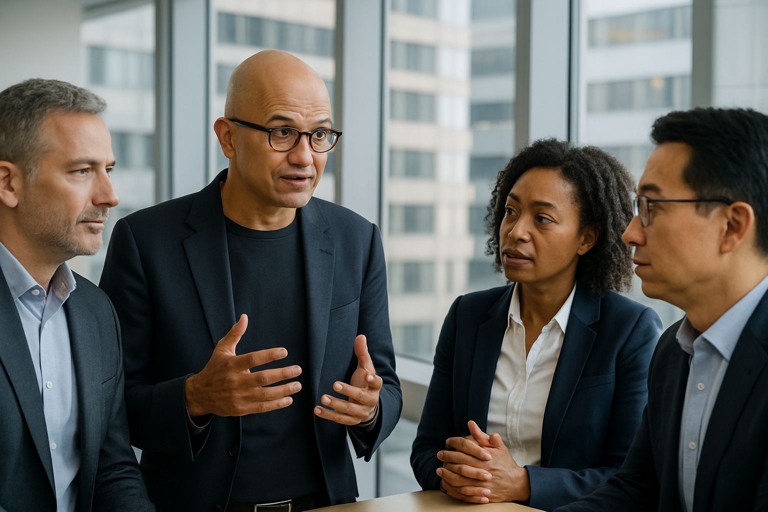 Satya Nadella in corporate meeting discussing AI controls