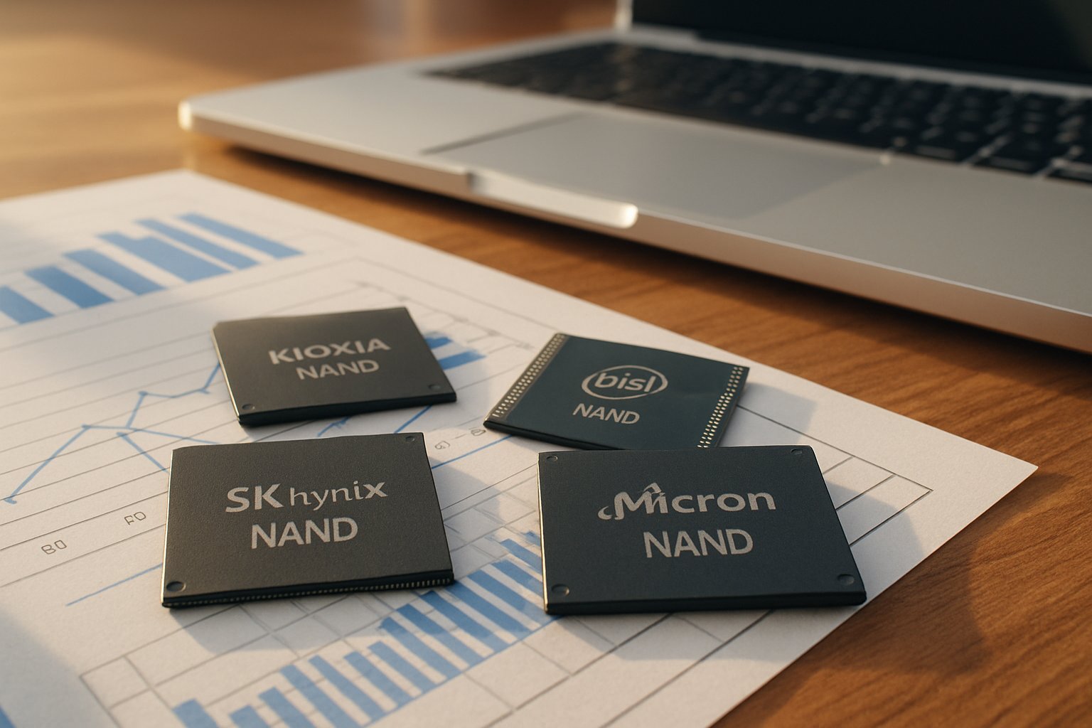 NAND flash prices illustrated with real memory chips and financial reports.