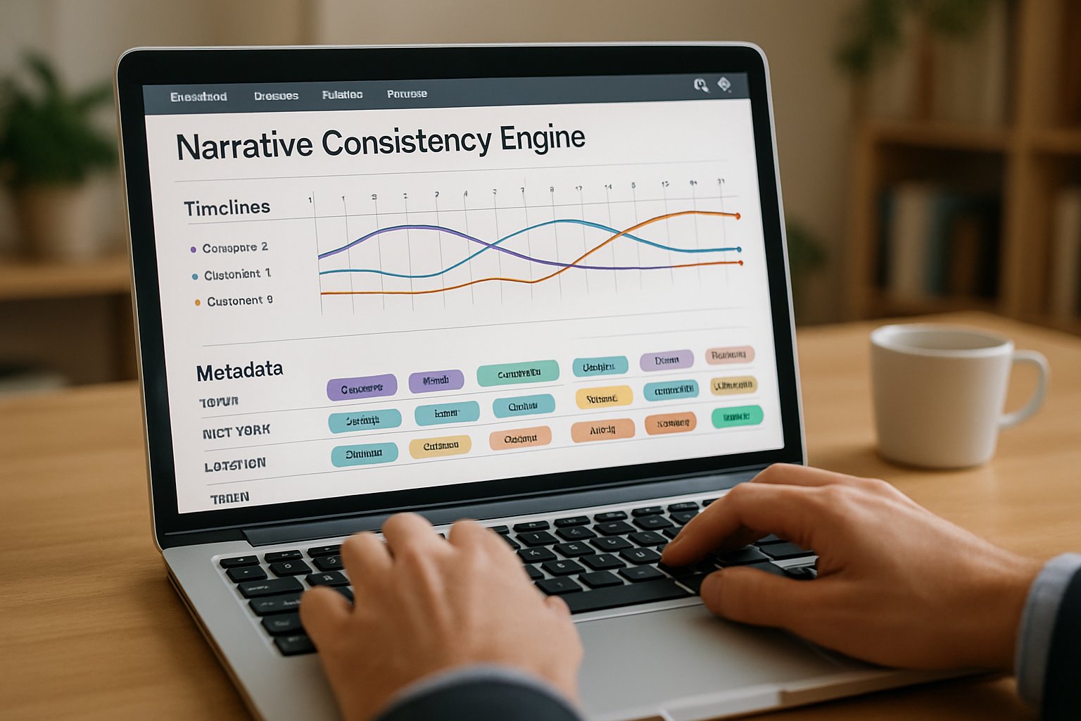 Dashboard visualizes Narrative Consistency Engines for content coherence management.