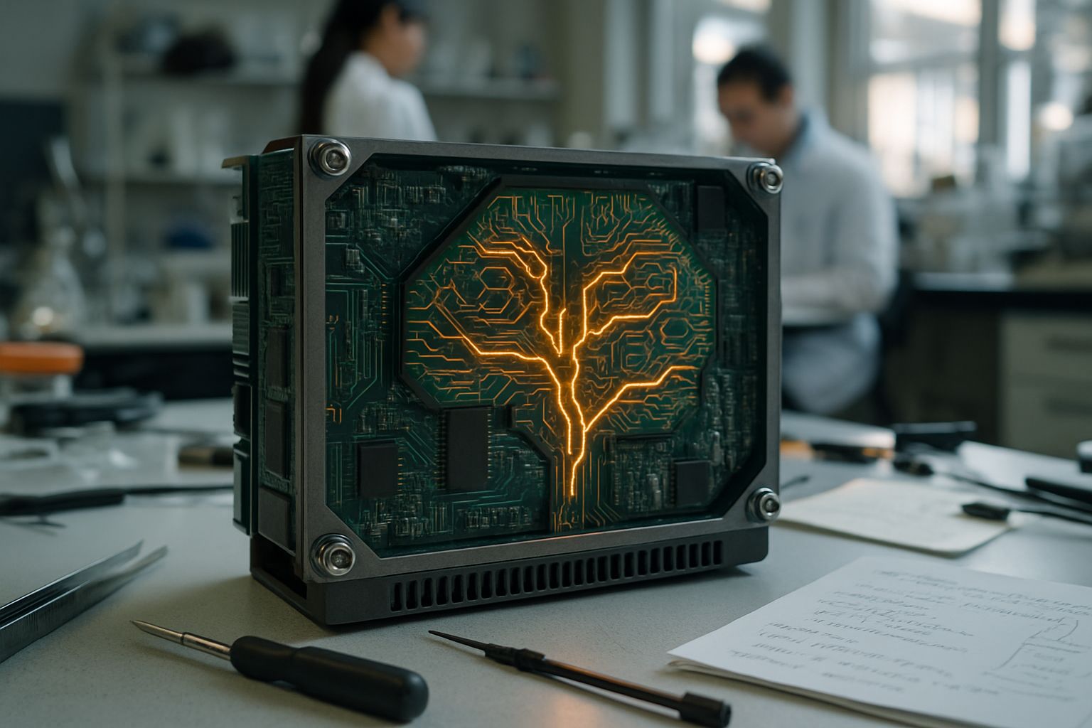 Close-up of Brain-Inspired Compute device with neural-like circuitry on lab workbench.