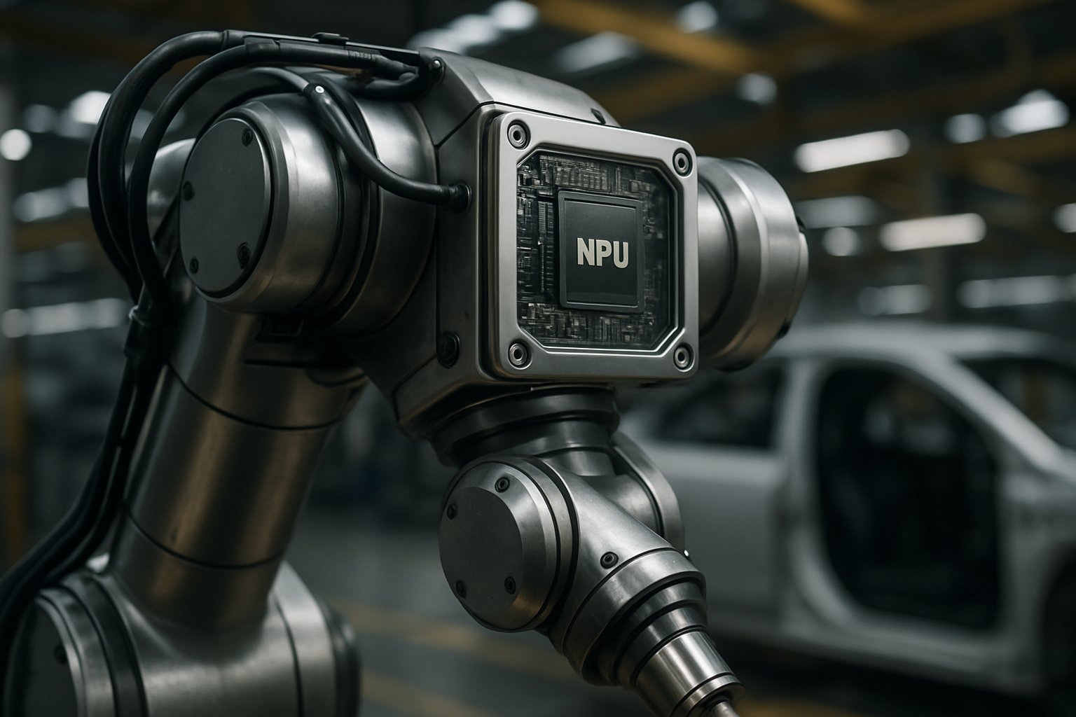 Robot arm with NPU chipset illustrating Hyundai’s Physical AI Plan in assembly line.