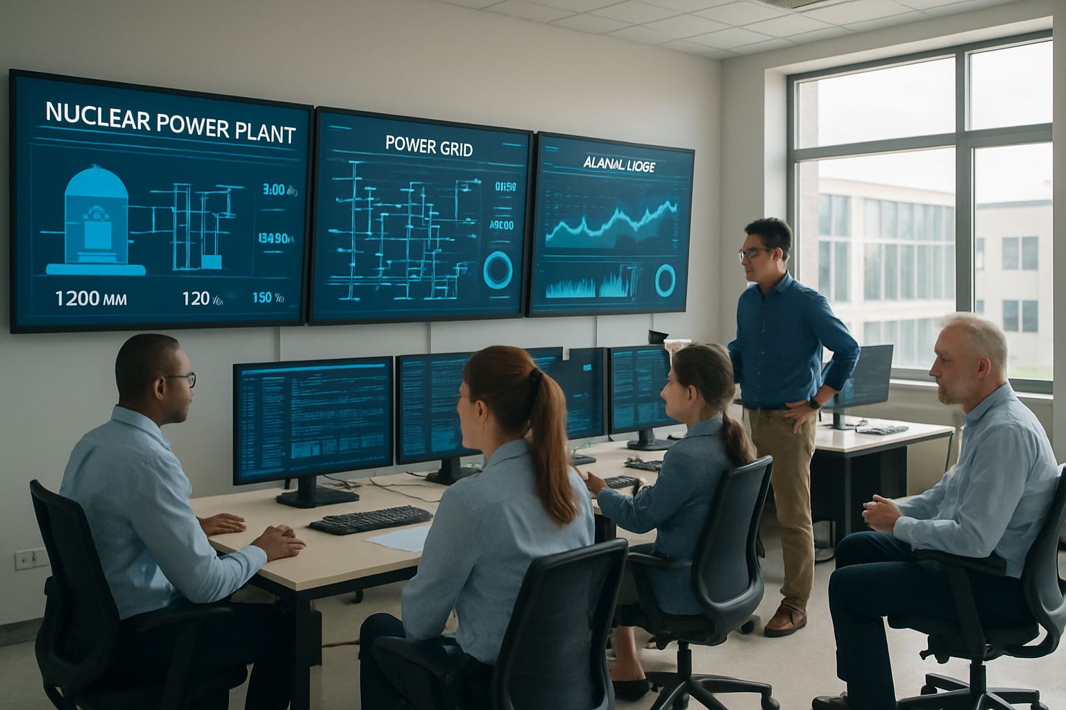 Engineers managing control room upgrades for nuclear infrastructure modernization.