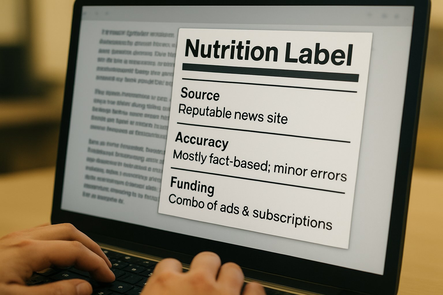 Digital nutrition label displayed on AI news article for Information Integrity.