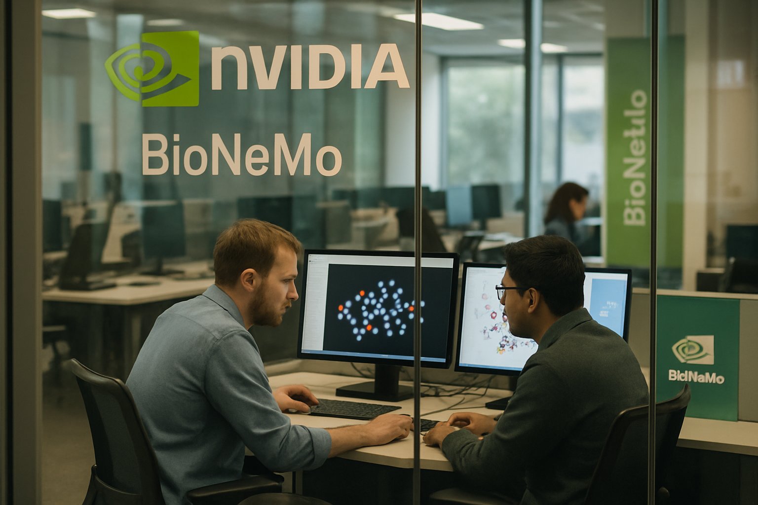 Nvidia innovation lab with BioNeMo and engineers analyzing drug models.