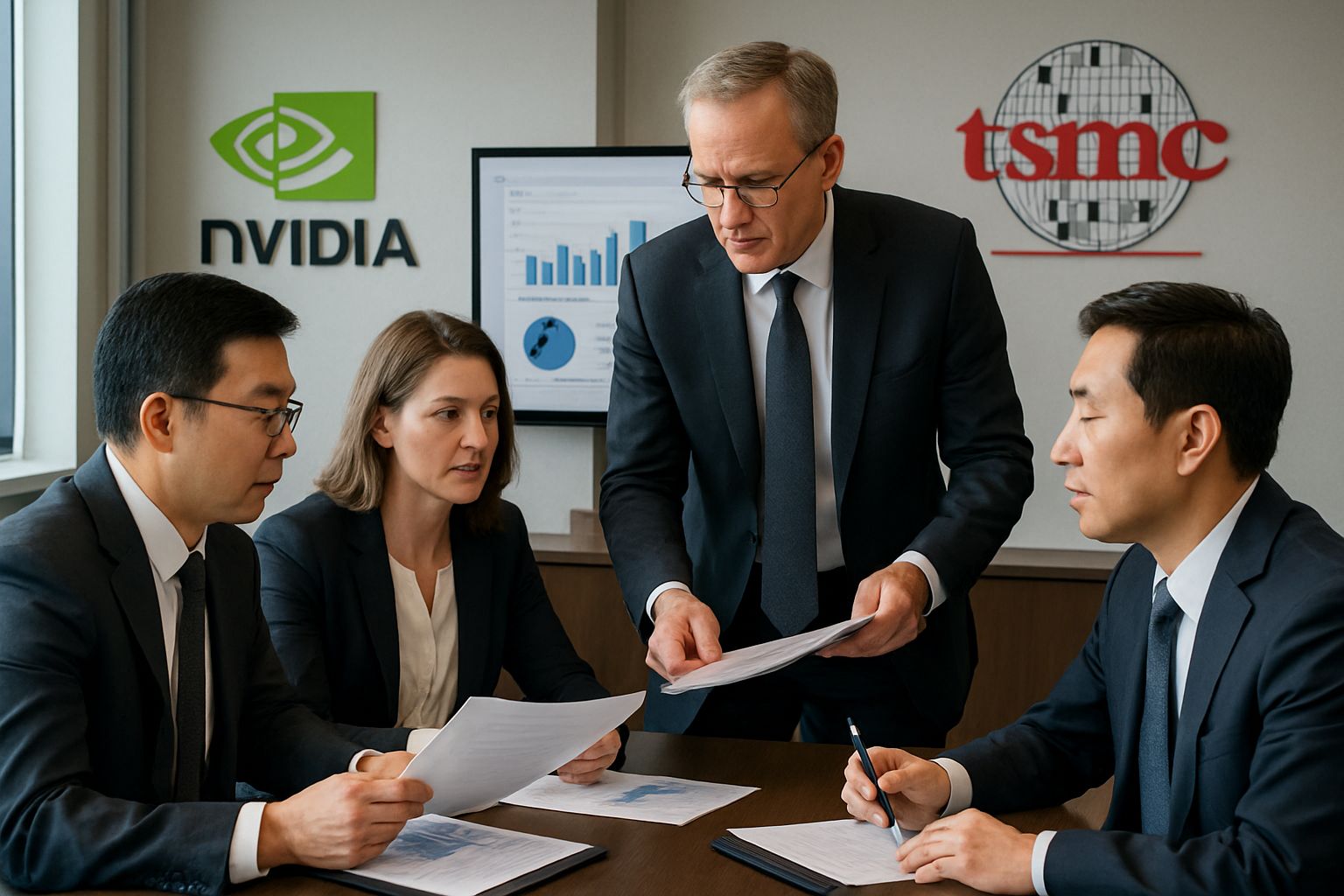 Nvidia and TSMC executives discuss Nvidia TSMC Supply partnership in modern office.