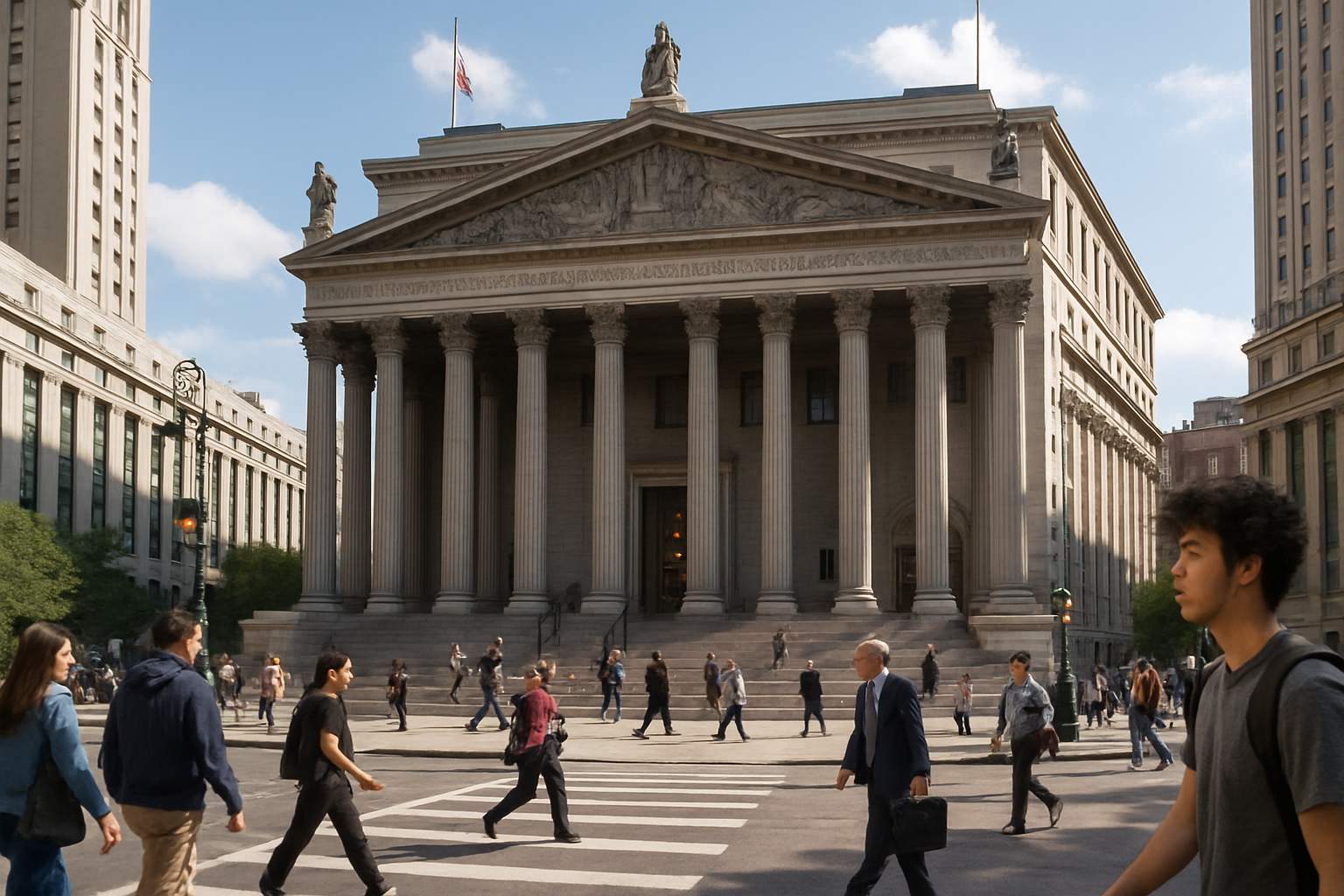 NY AI Law symbolized by New York government building exterior with people outside.