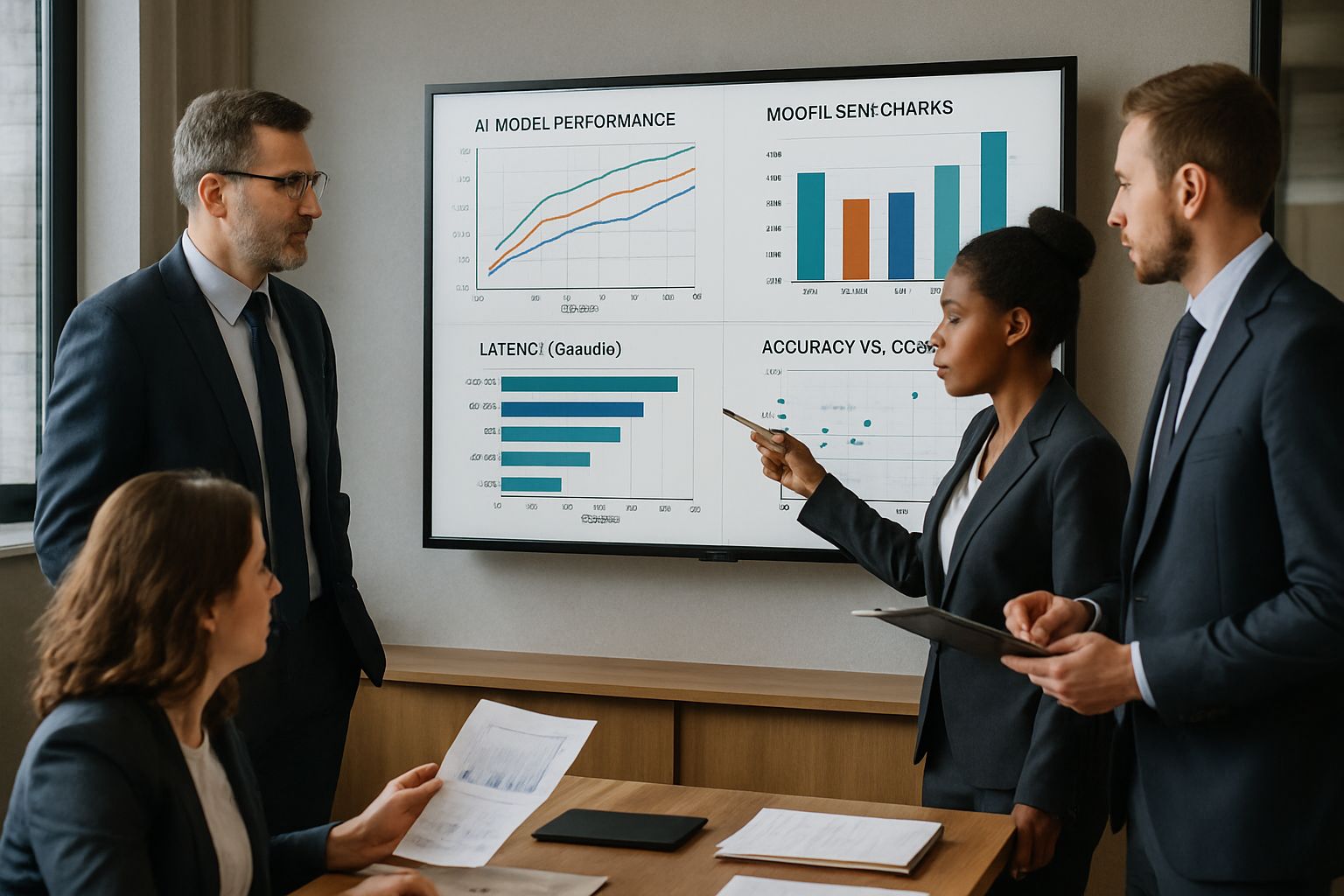 Model Performance Research review of AI benchmarks and business metrics in an office.