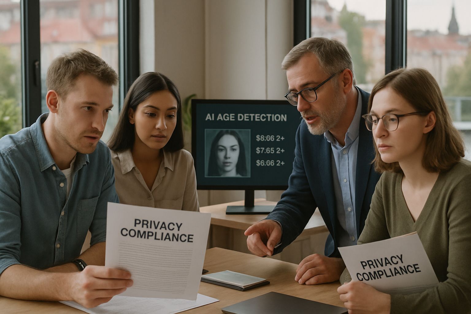 Tech professionals discuss AI Age Detection compliance in European office