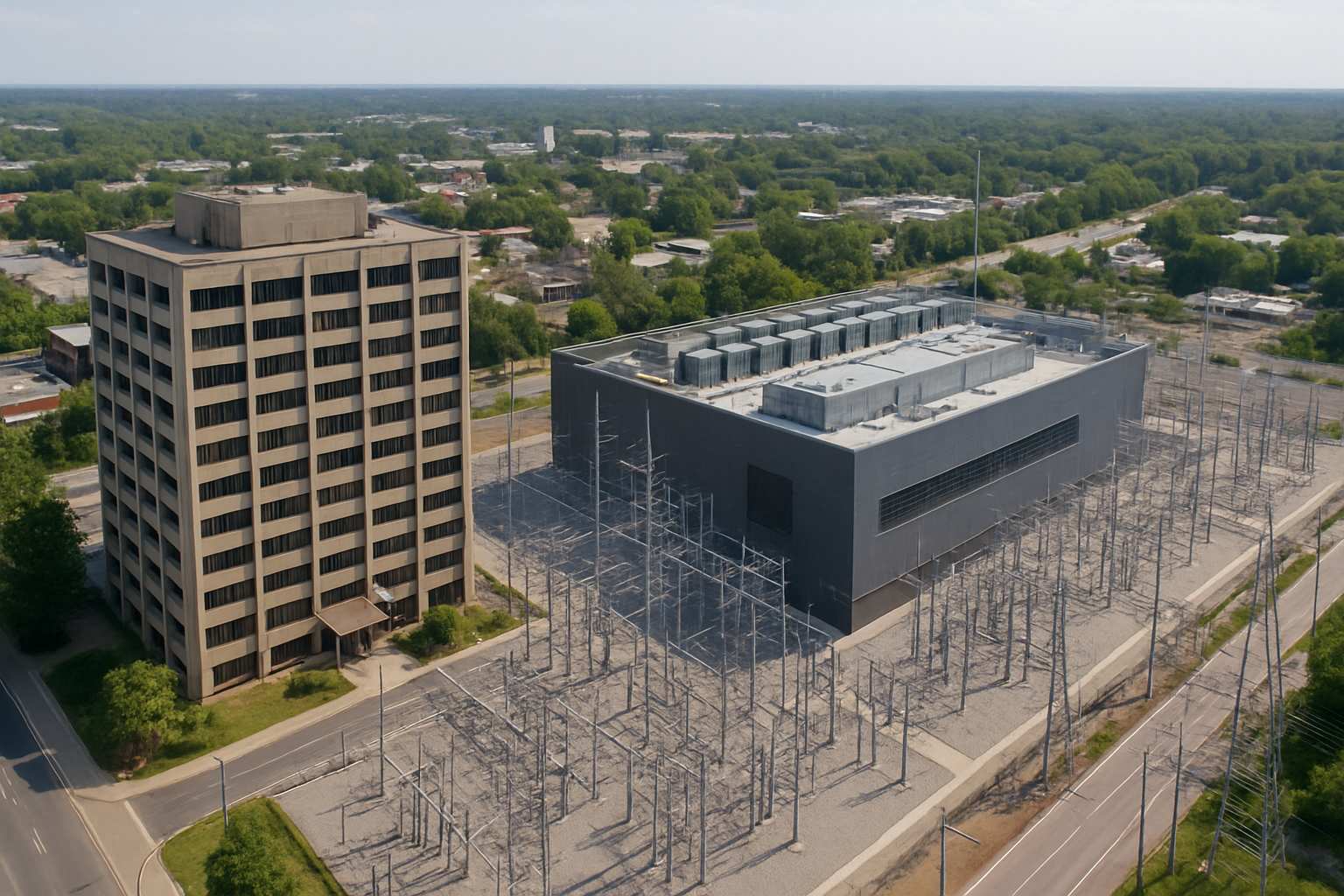 Commercial Construction Shift showing data center beside traditional office buildings.