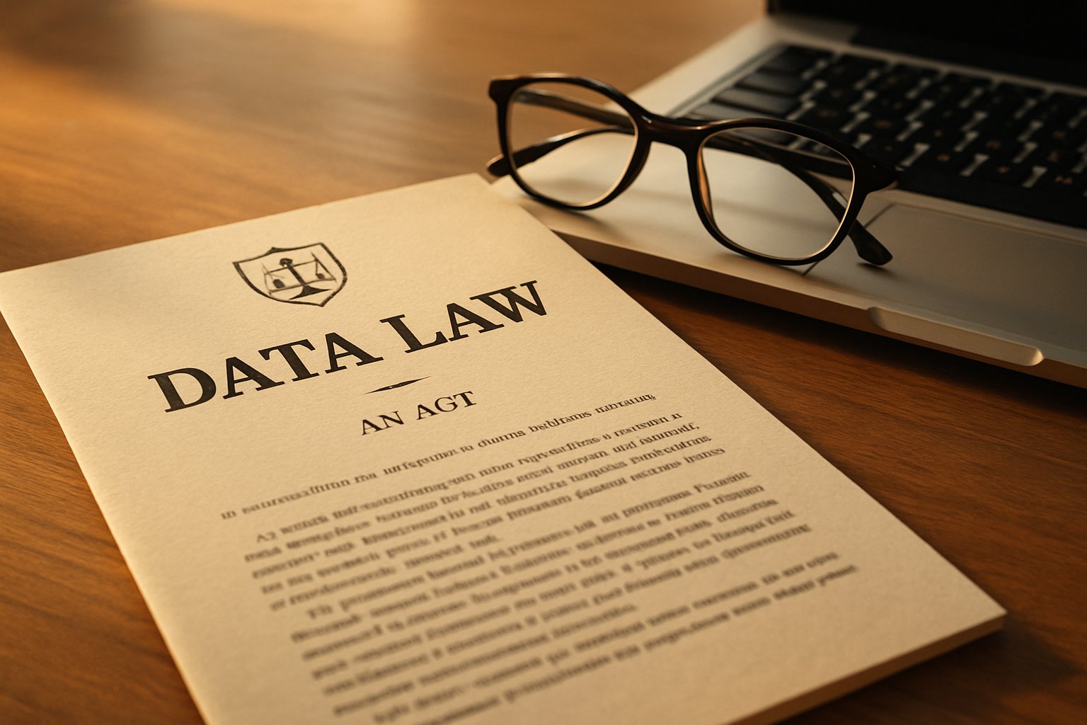 Official Data Law document and laptop symbolize new transparency requirements.