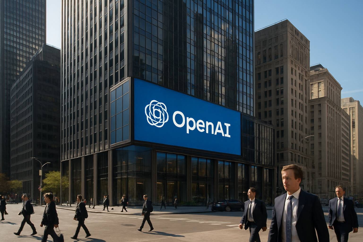 Finance district skyscraper with OpenAI branding showcasing AI finance impact.