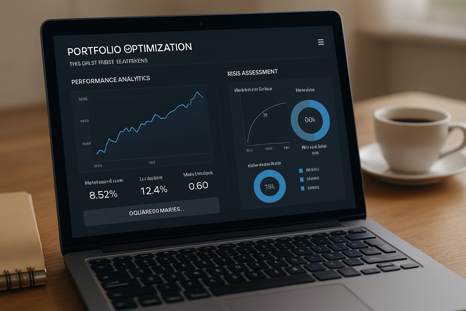 Portfolio Optimization Solvers dashboard on laptop showing risk and return metrics.