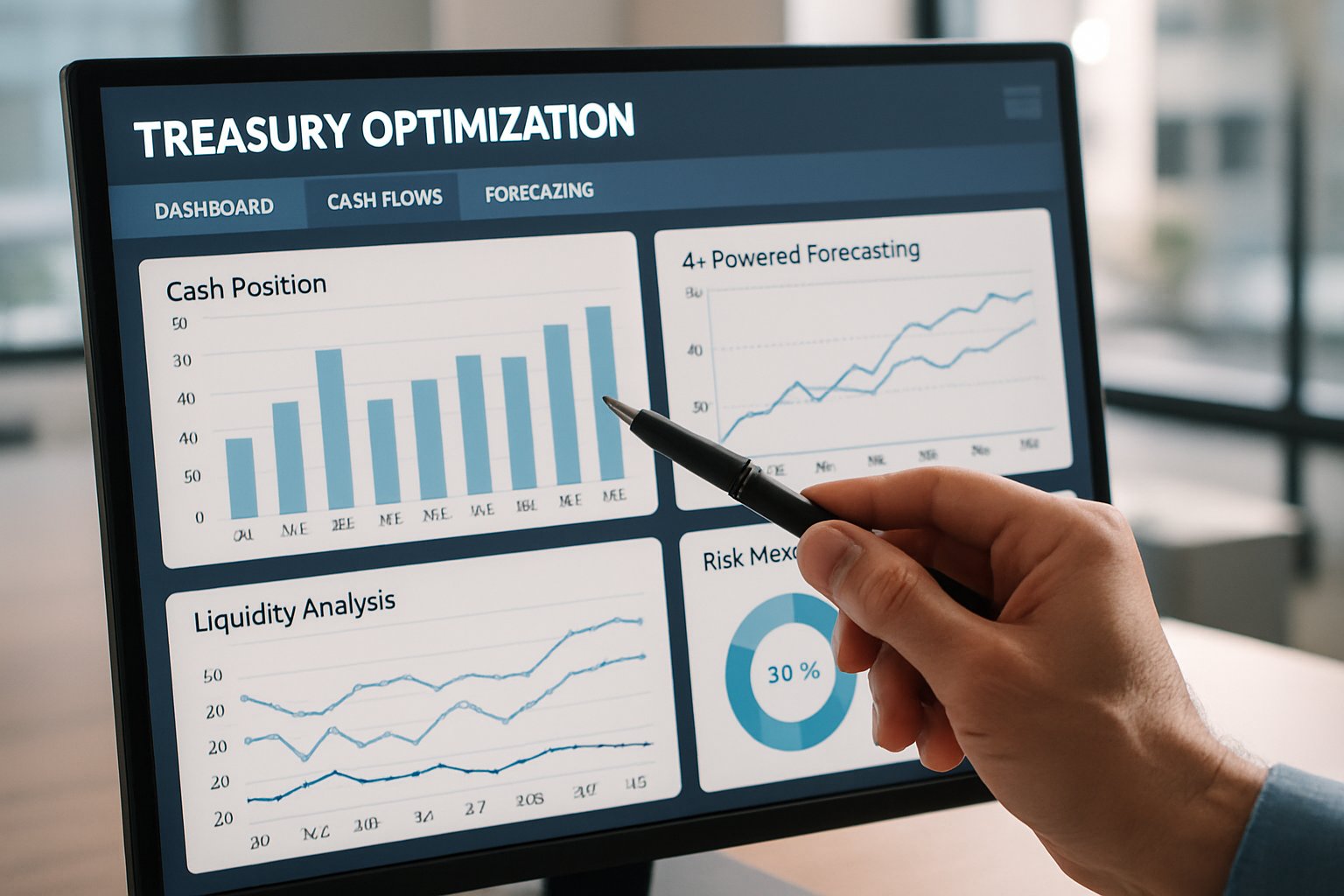 Algorithmic treasury optimization engines interface forecasting liquidity on desktop screen.
