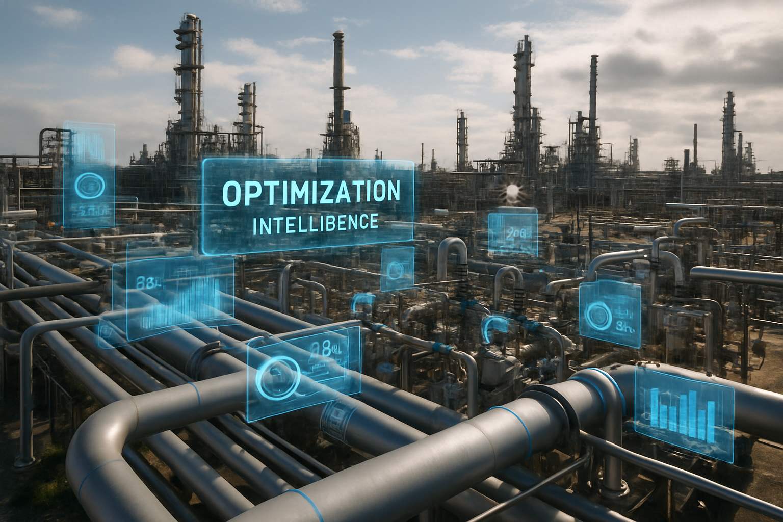 Oil refinery utilizing industrial optimization intelligence for improved efficiency.