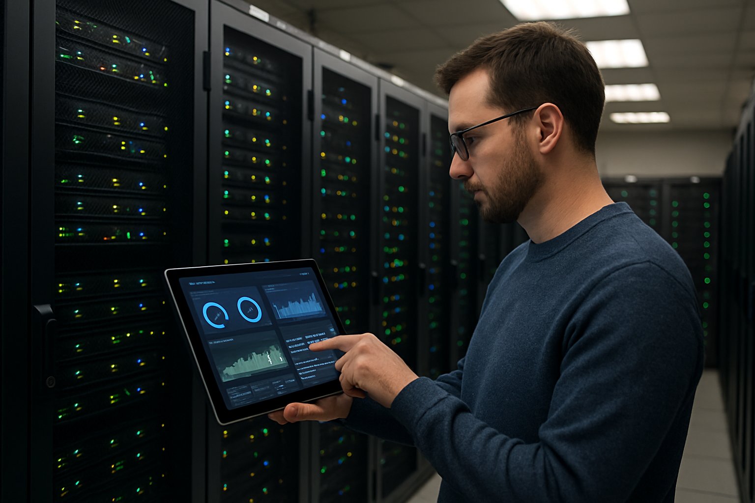 Agentic Software Orchestration monitoring secure SaaS deployments in server room