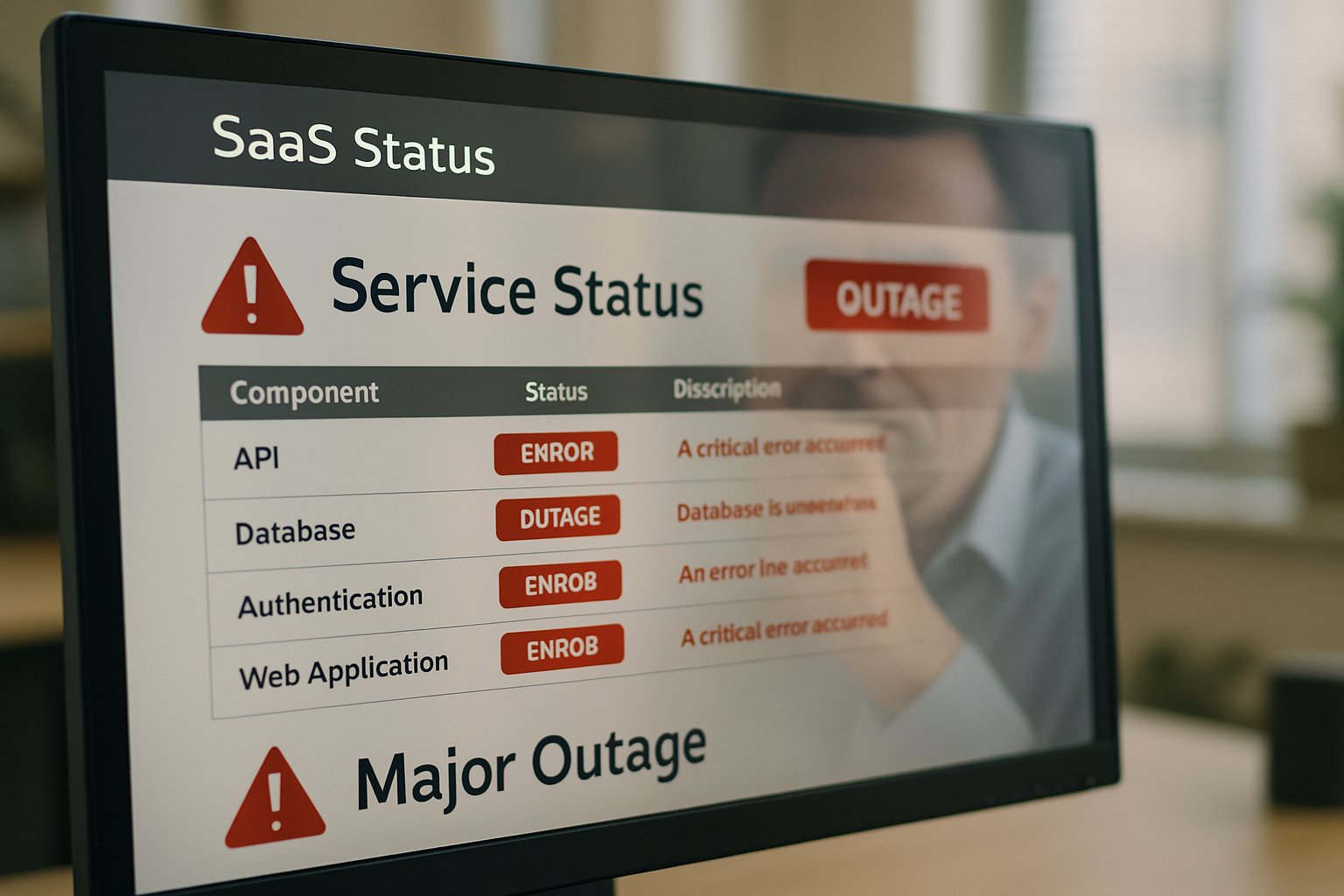 Computer screen showing SaaS Infrastructure Outage warnings and status errors.