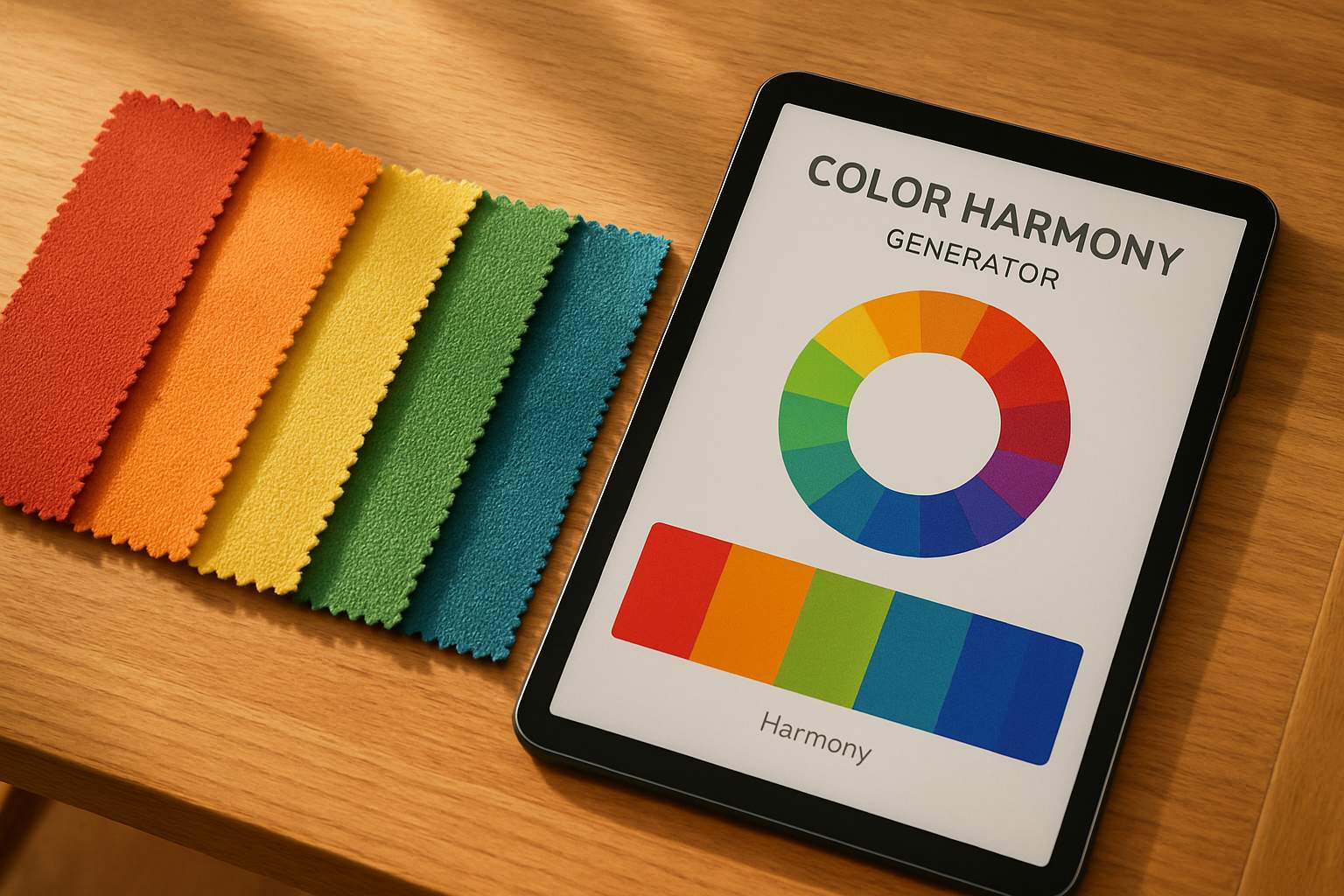 Color Harmony Generators displayed on tablet beside realistic fashion fabric samples.