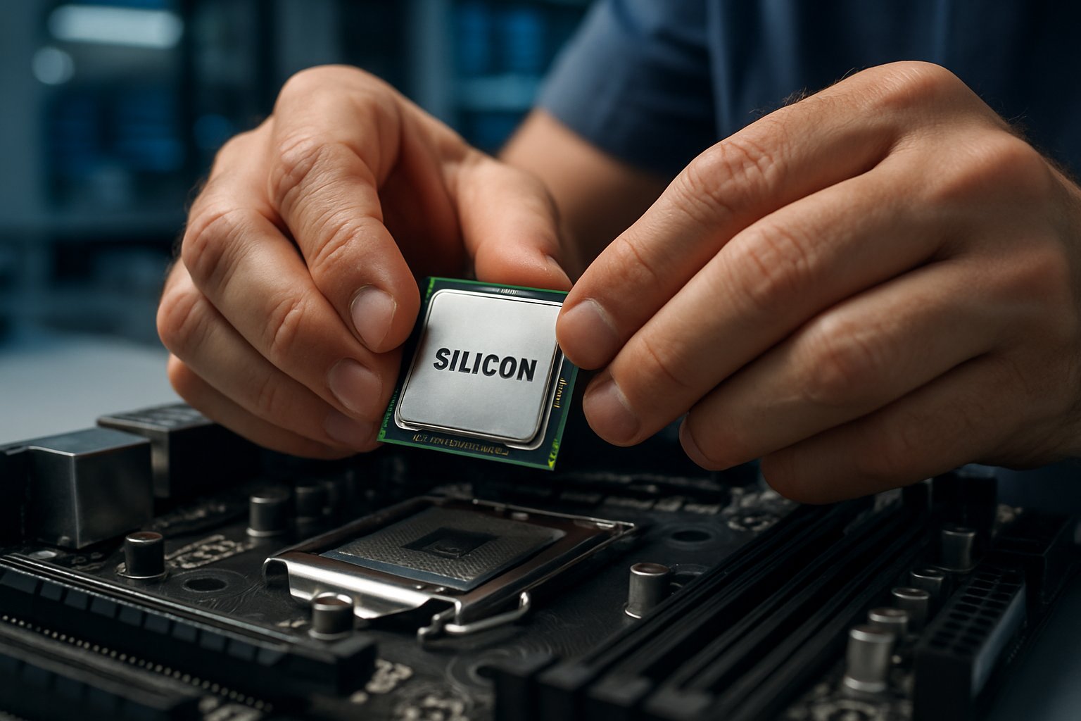 Technician installing Panther Lake PC Silicon onto motherboard.