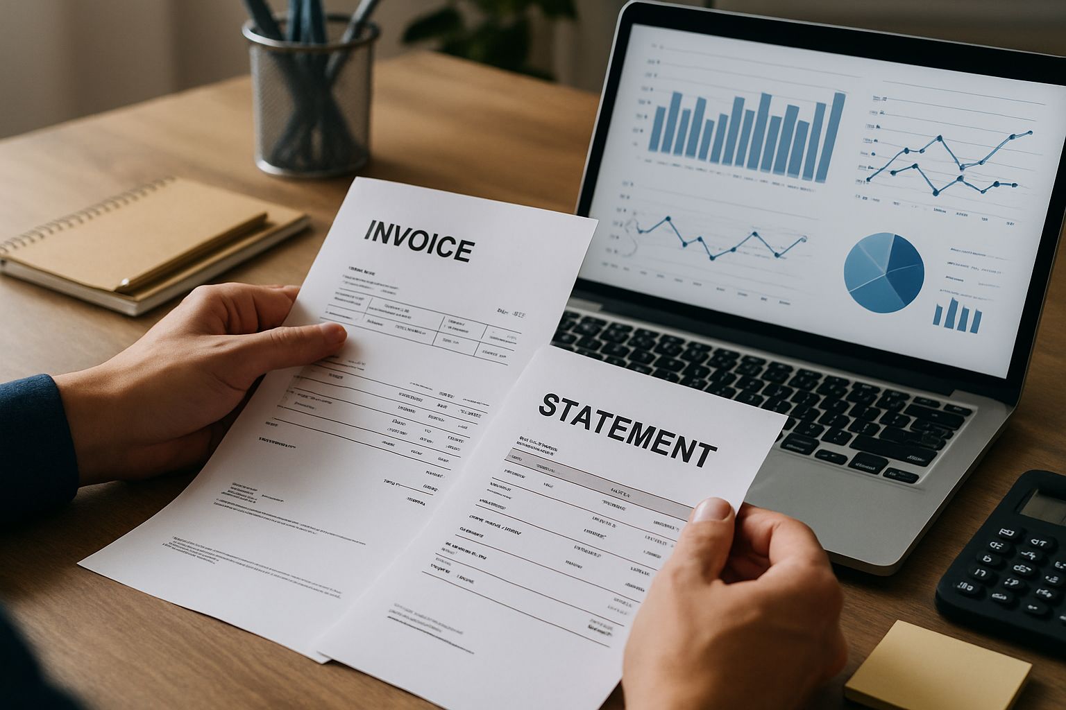 Hands process paperwork with multimodal document understanding engines on a laptop in an office.