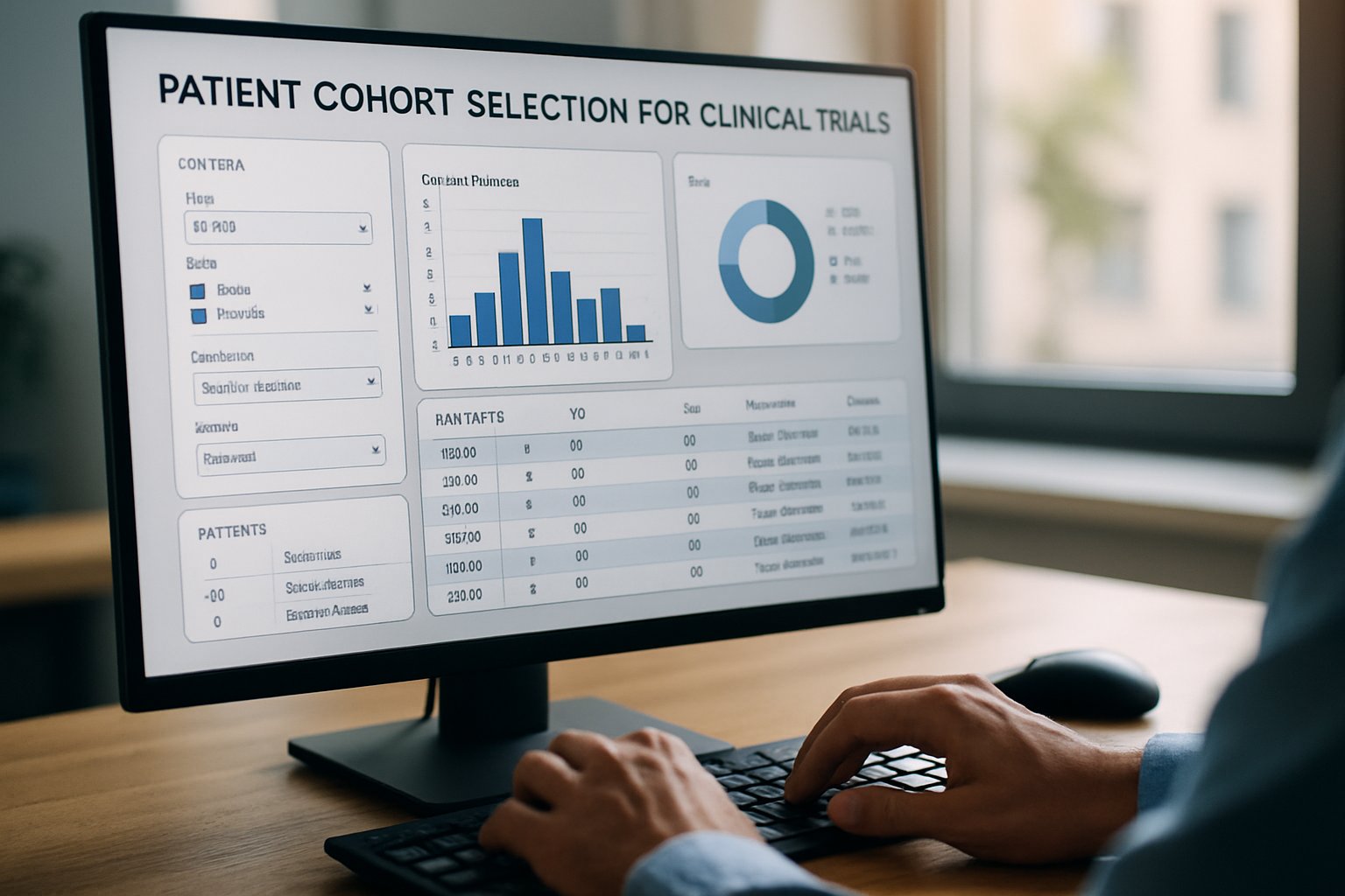 Clinical researcher using drug trial patient matching systems cohort selection interface.
