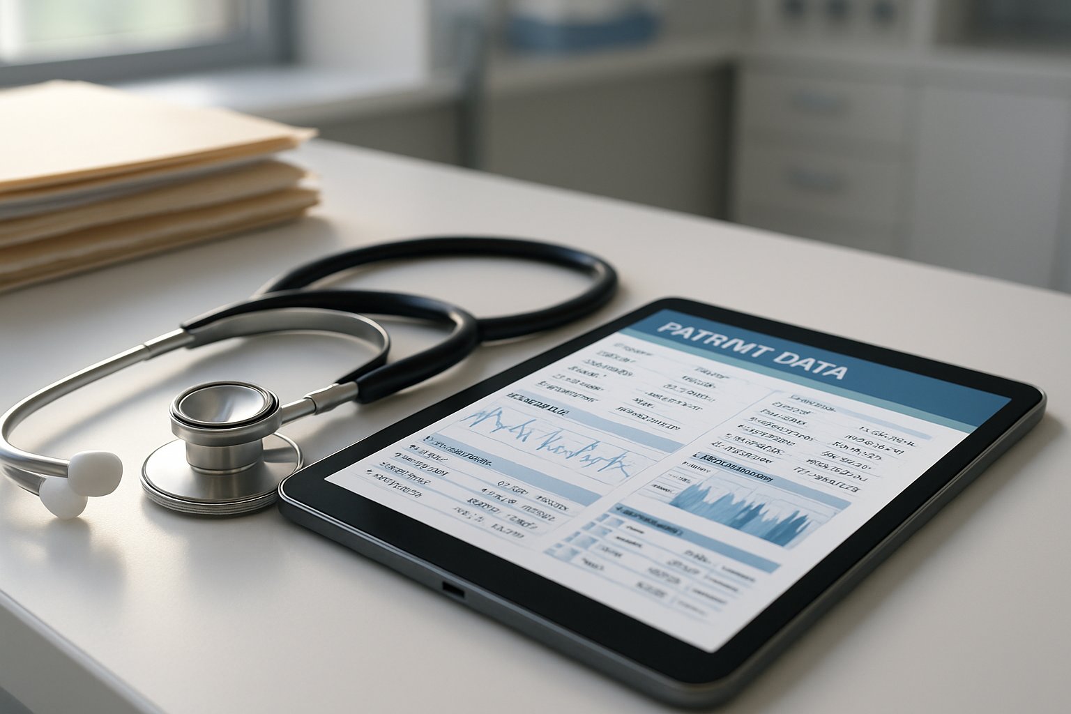 Healthcare technology setup showing digital patient records for AI risk analysis