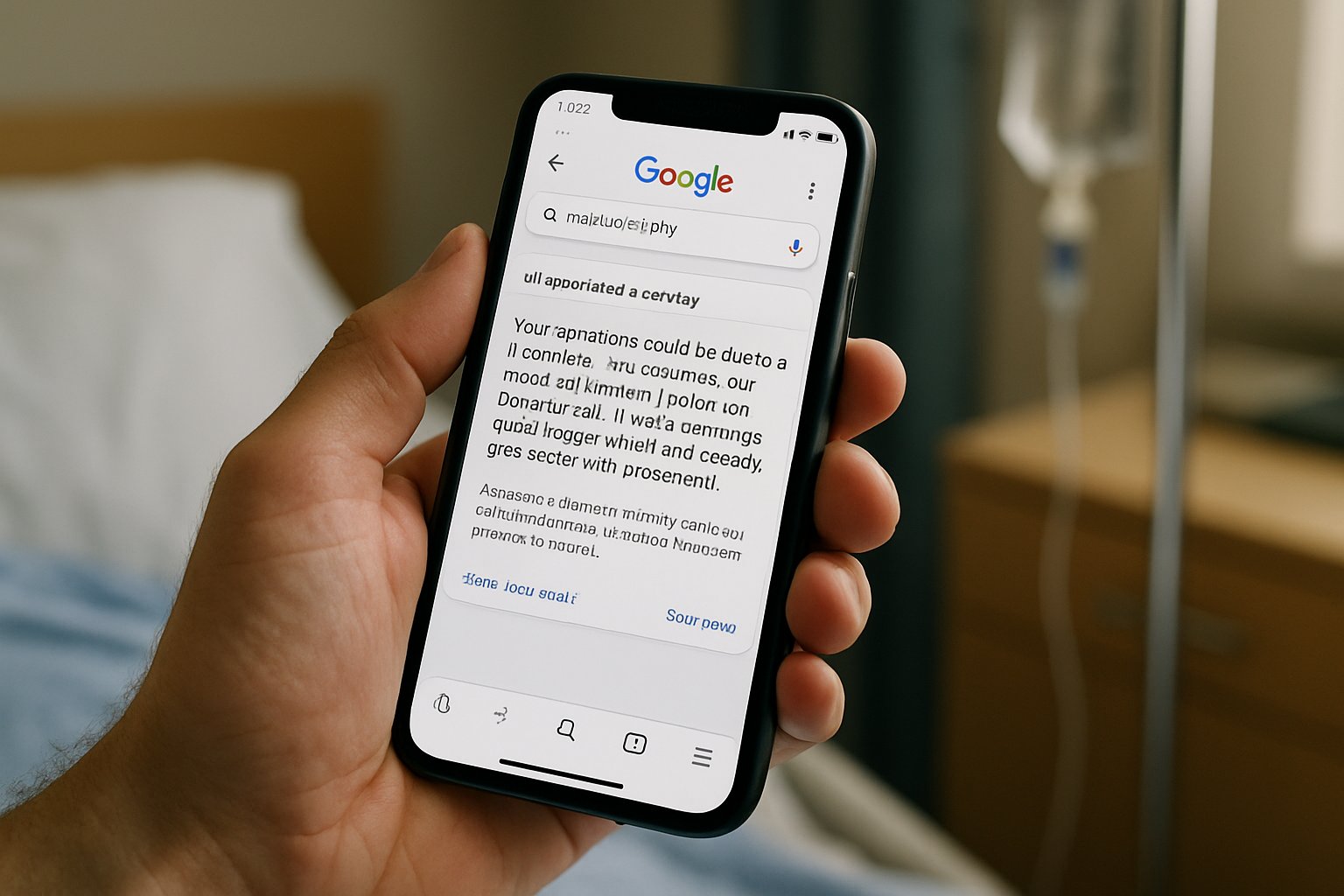 Patient reading Google AI Overviews on smartphone for health information.